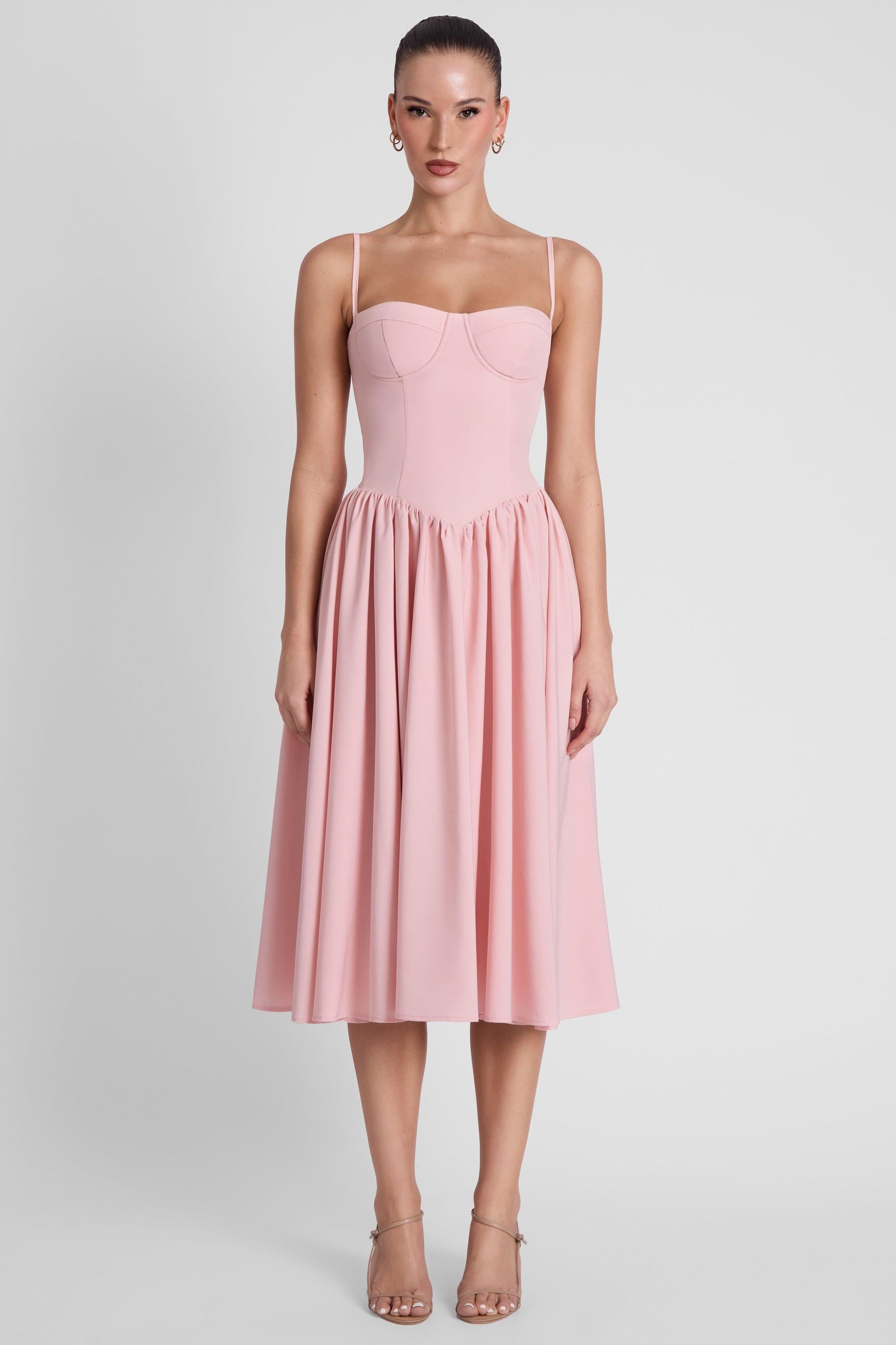 Elegant Collection | Pink Midi Dress with Wire Bustier & Gathered Skirt | Perfect for Any Occasion 0