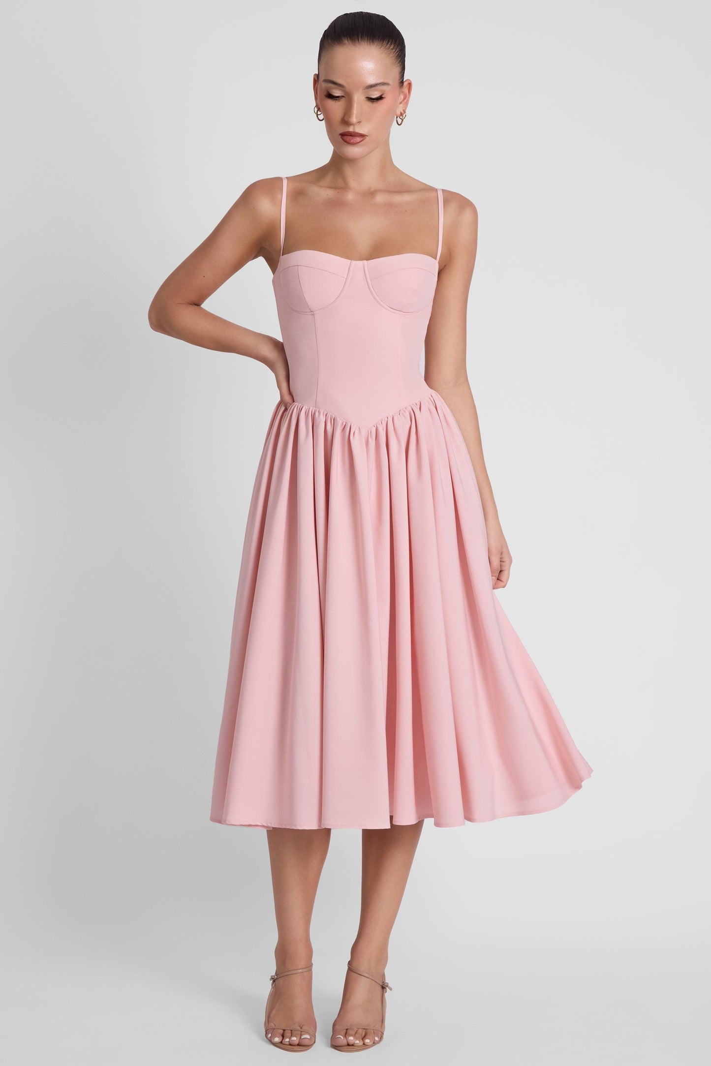 Elegant Collection | Pink Midi Dress with Wire Bustier & Gathered Skirt | Perfect for Any Occasion 1