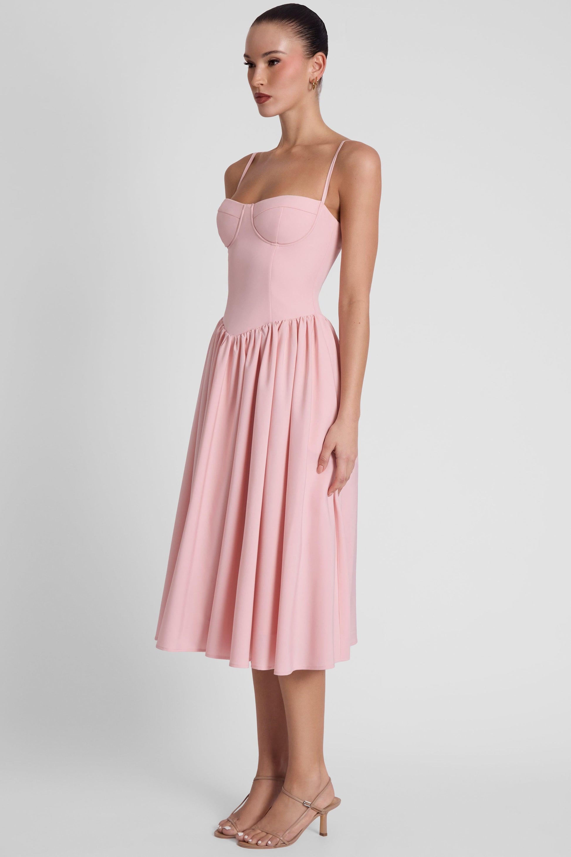 Elegant Collection | Pink Midi Dress with Wire Bustier & Gathered Skirt | Perfect for Any Occasion 2