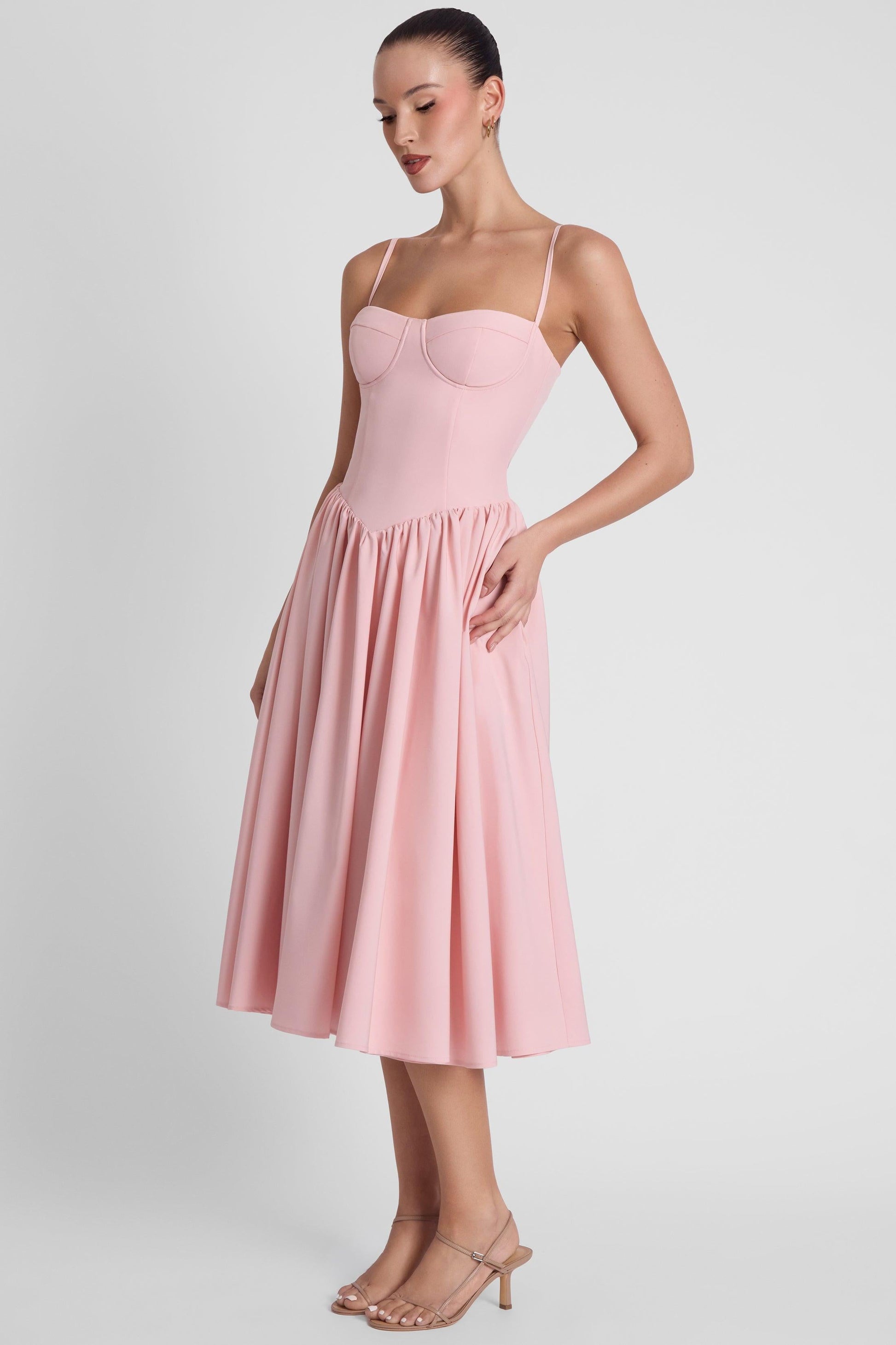 Elegant Collection | Pink Midi Dress with Wire Bustier & Gathered Skirt | Perfect for Any Occasion 3