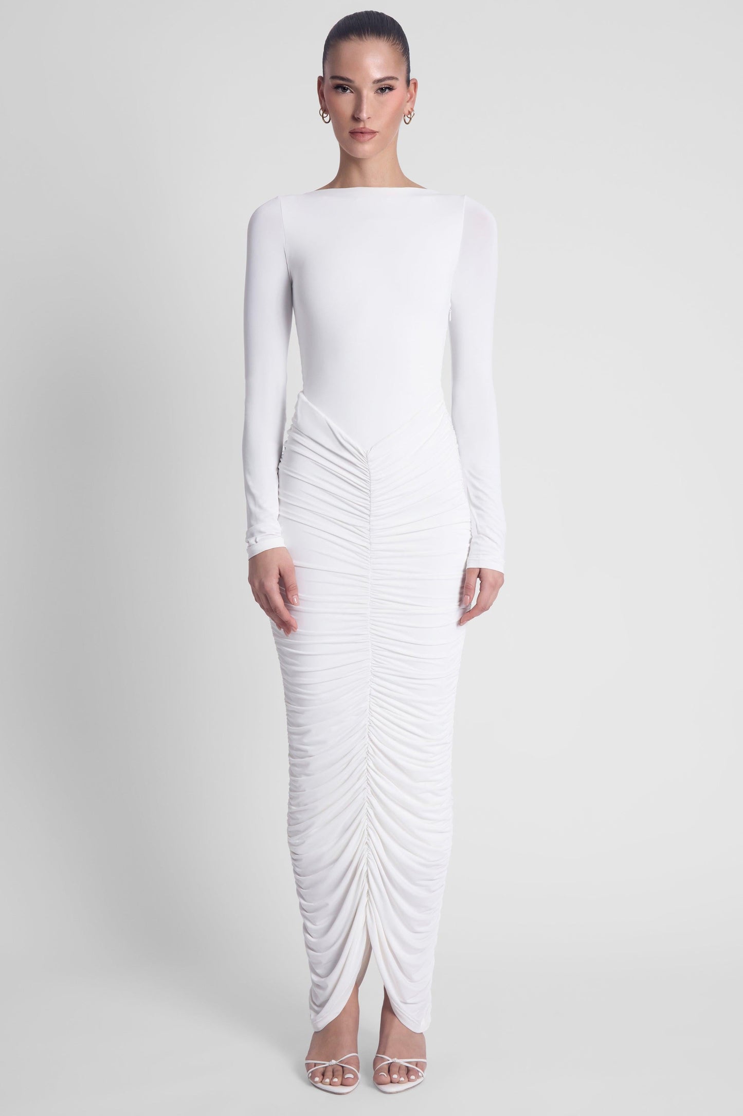 Elegant Collection | White Maxi Dress with Long Sleeves & Double-Lined Support | Flattering Fit for Effortless Elegance 0