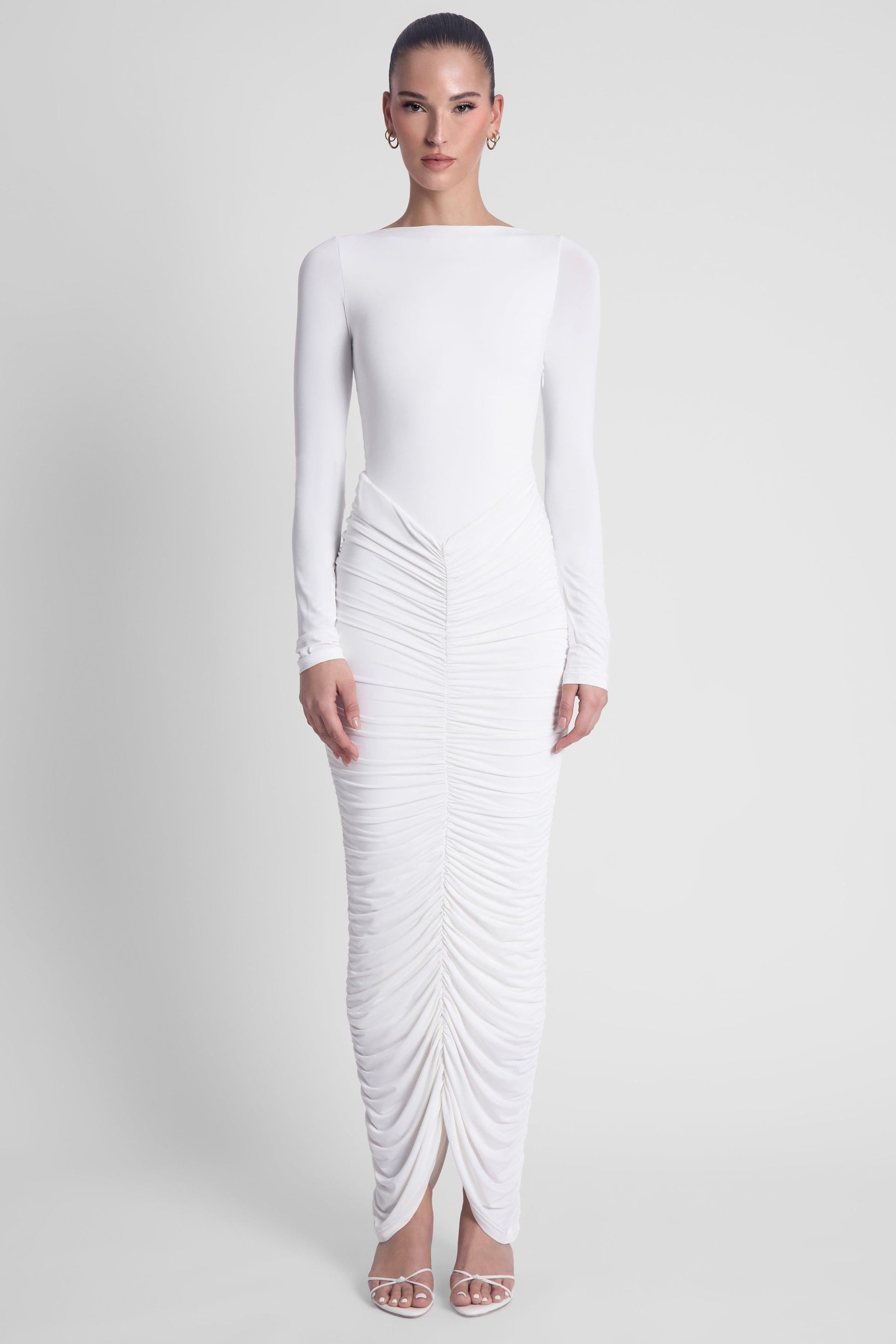 Elegant Collection | White Maxi Dress with Long Sleeves & Double-Lined Support | Flattering Fit for Effortless Elegance 0