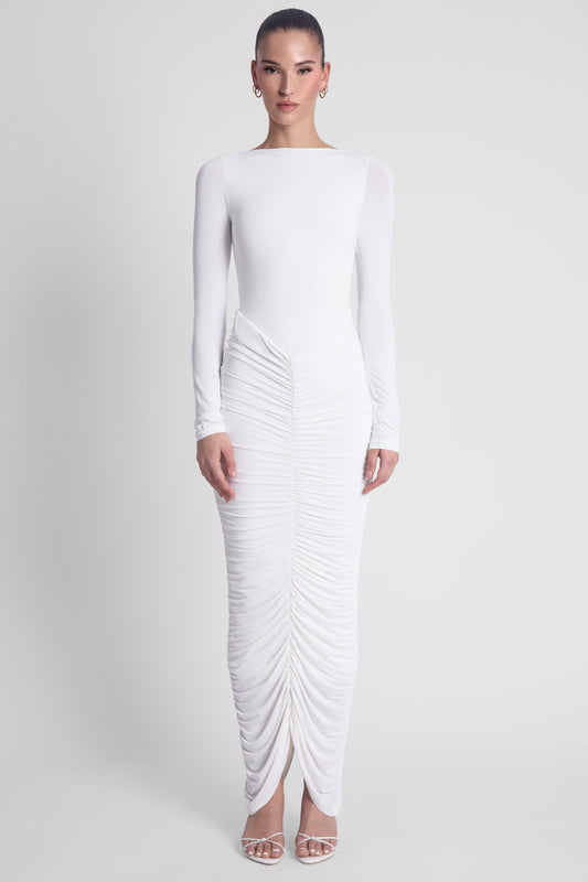 Elegant Collection | White Maxi Dress with Long Sleeves & Double-Lined Support | Flattering Fit for Effortless Elegance 0