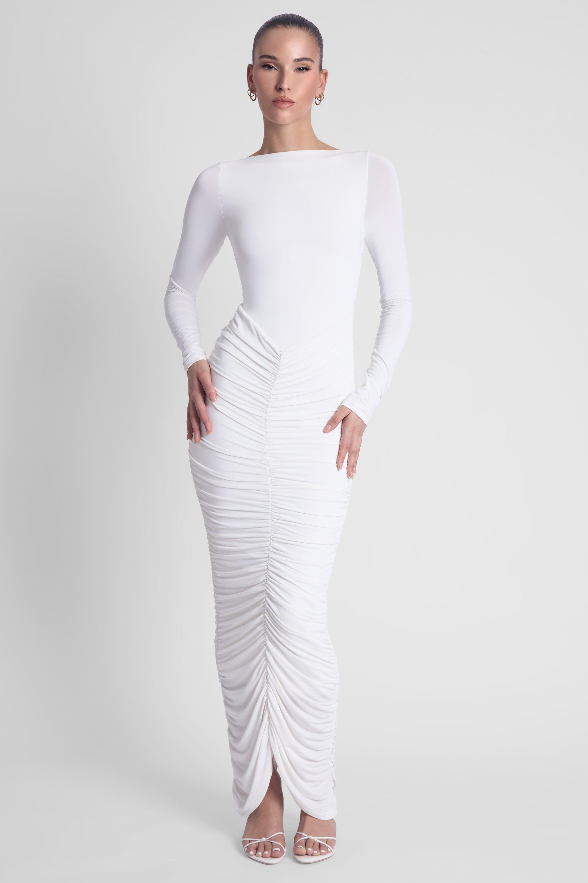 Elegant Collection | White Maxi Dress with Long Sleeves & Double-Lined Support | Flattering Fit for Effortless Elegance 1