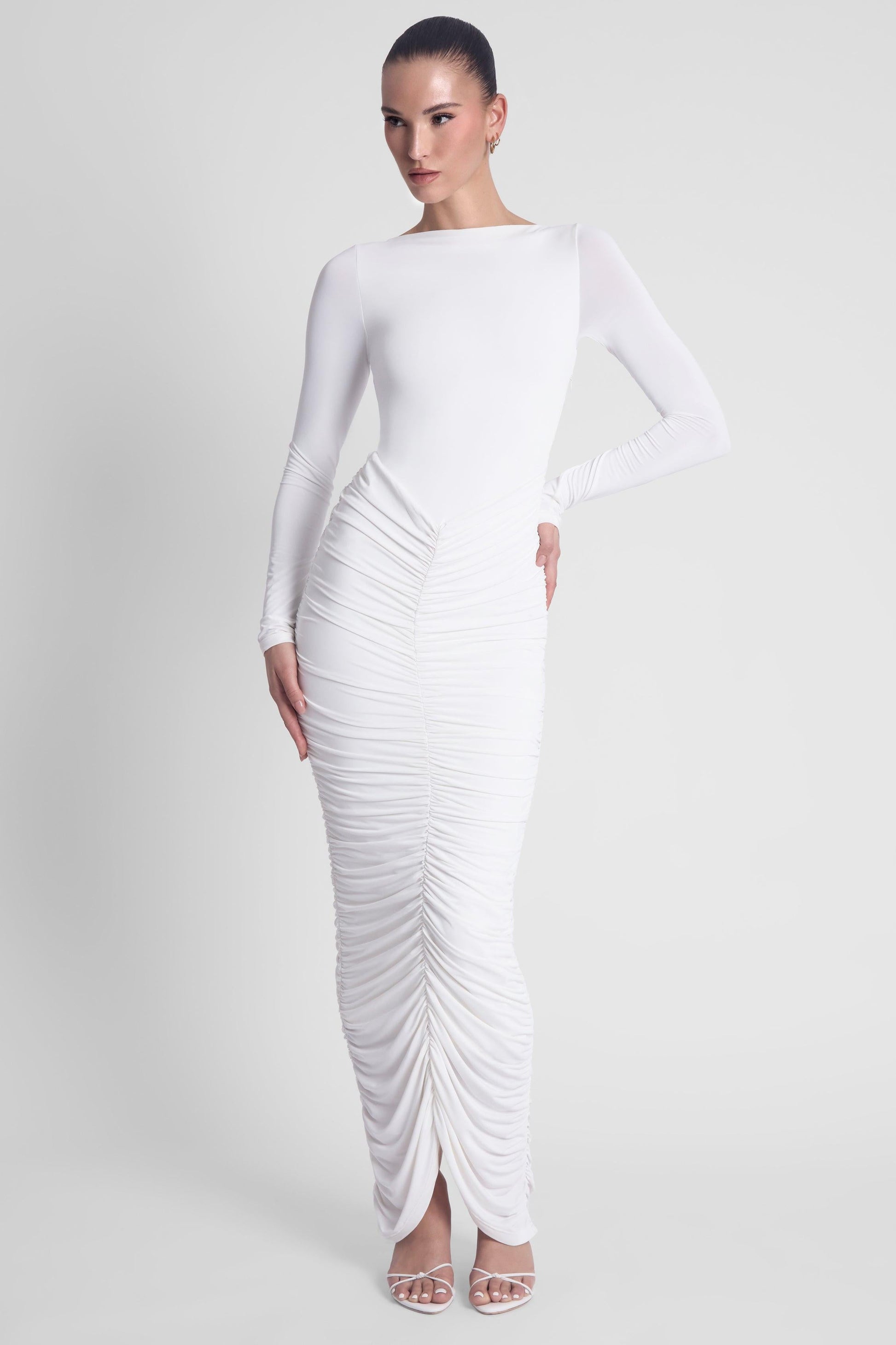 Elegant Collection | White Maxi Dress with Long Sleeves & Double-Lined Support | Flattering Fit for Effortless Elegance 3