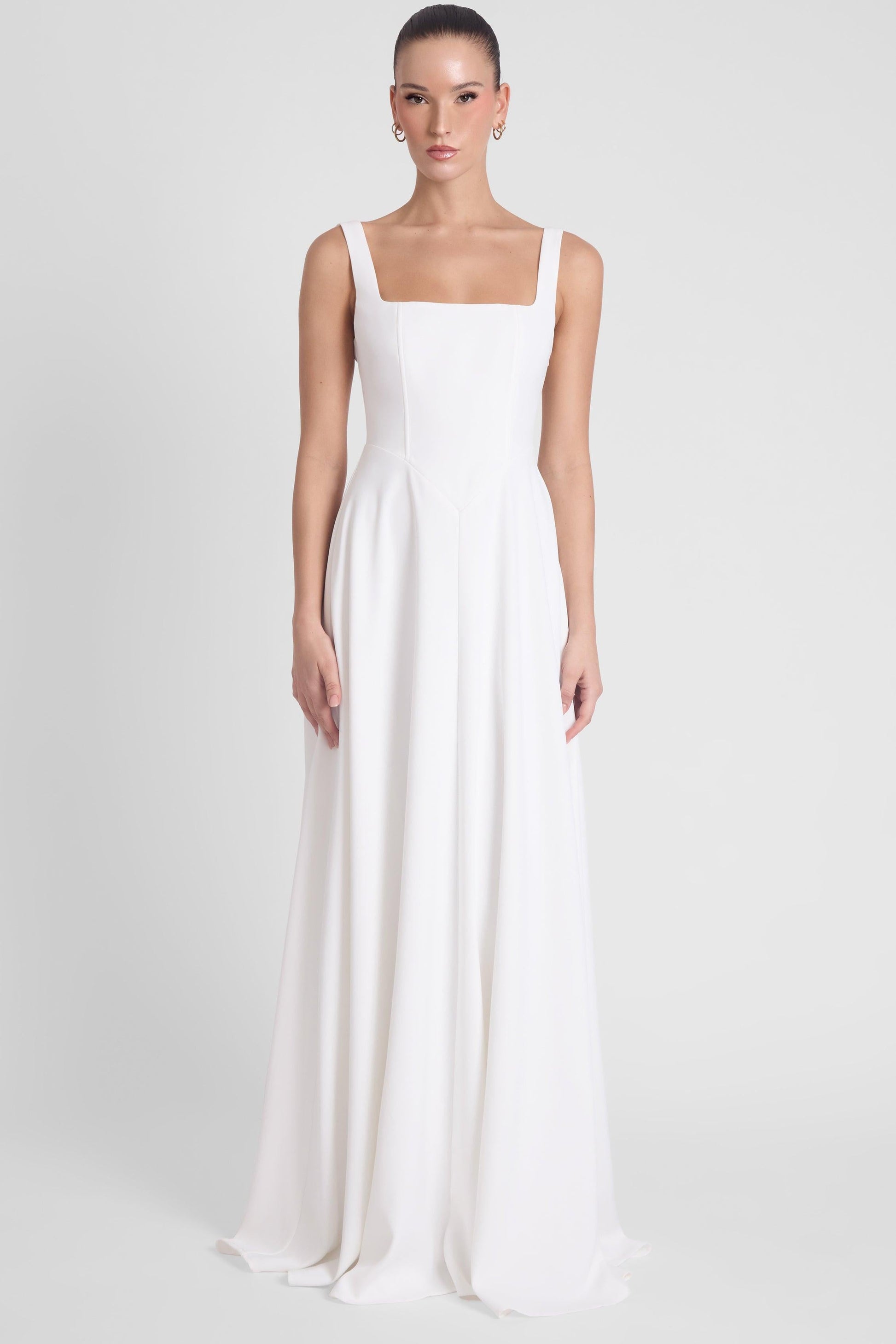 Elegant Collection | White Maxi Dress with Square Neck Corset Design | Flattering Fit for Special Occasions 0