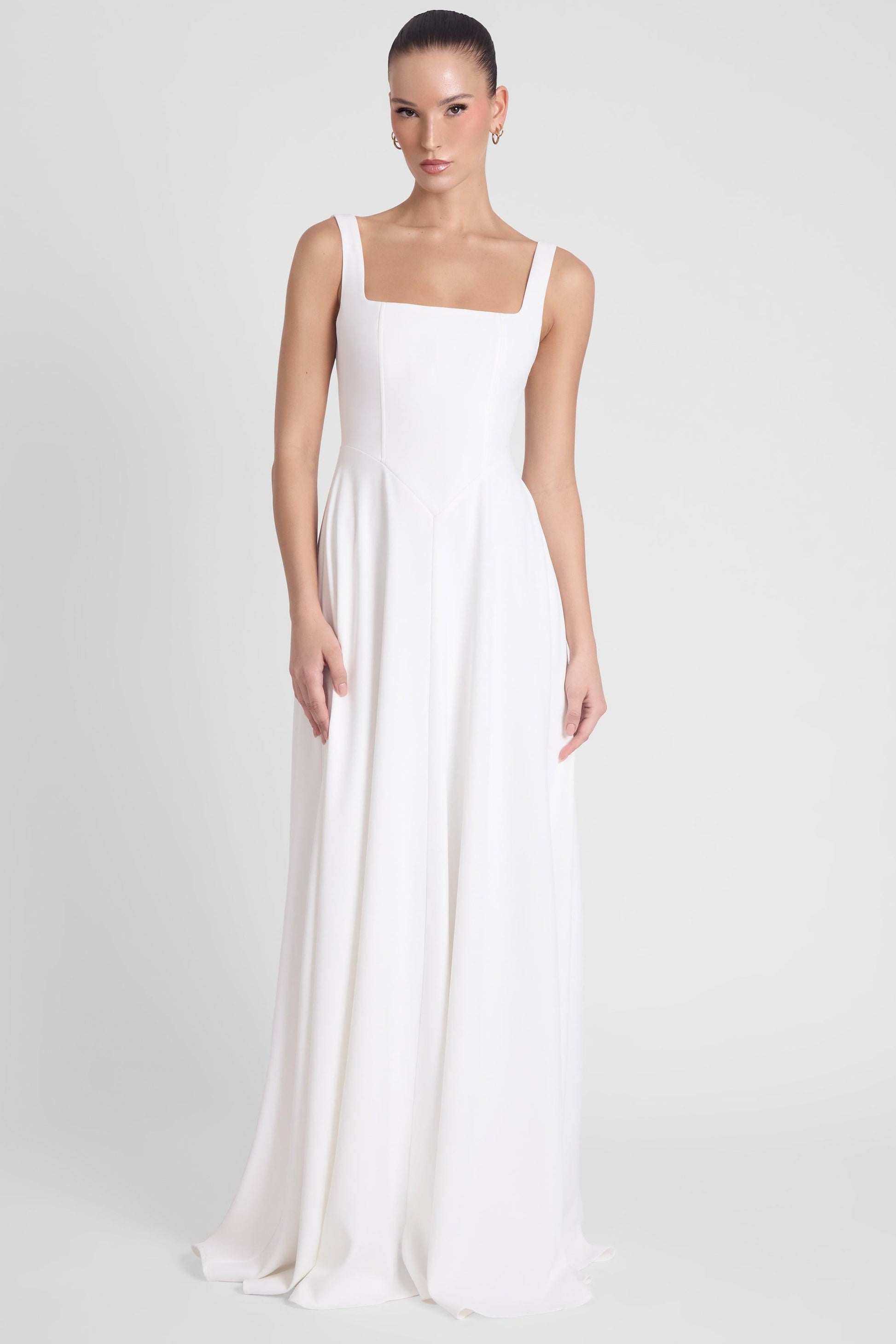 Elegant Collection | White Maxi Dress with Square Neck Corset Design | Flattering Fit for Special Occasions 1