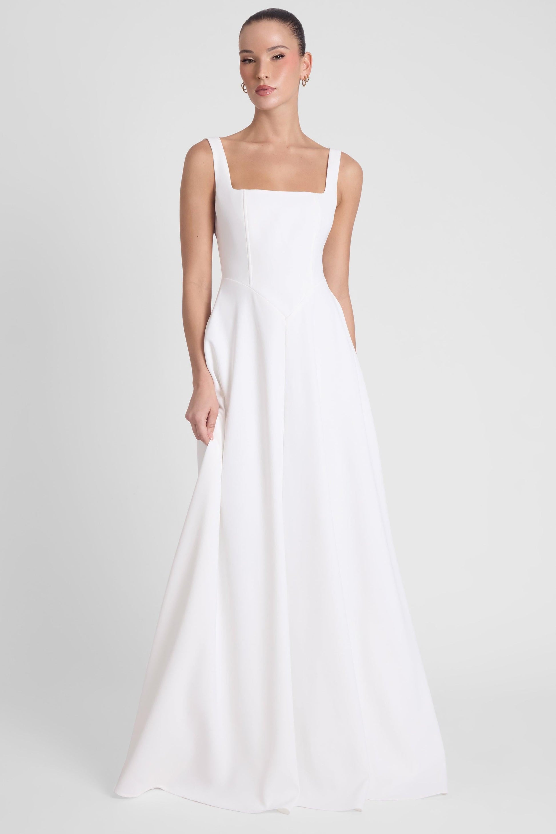Elegant Collection | White Maxi Dress with Square Neck Corset Design | Flattering Fit for Special Occasions 3