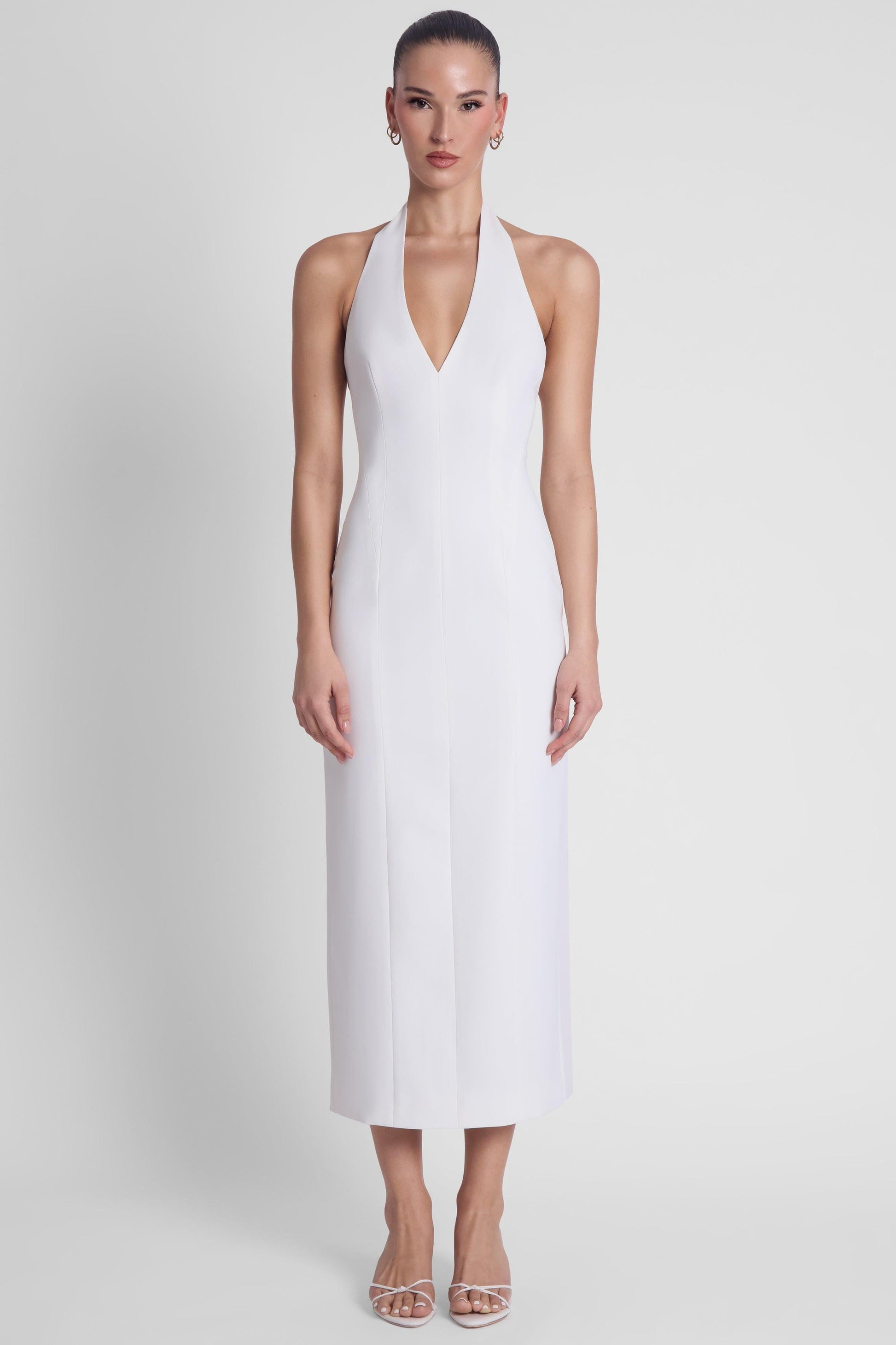 Elegant Collection | White Midi Dress with Halter Neck Design | Flattering Silhouette for Timeless Style 0