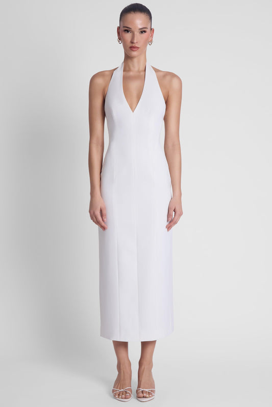 Elegant Collection | White Midi Dress with Halter Neck Design | Flattering Silhouette for Timeless Style 0