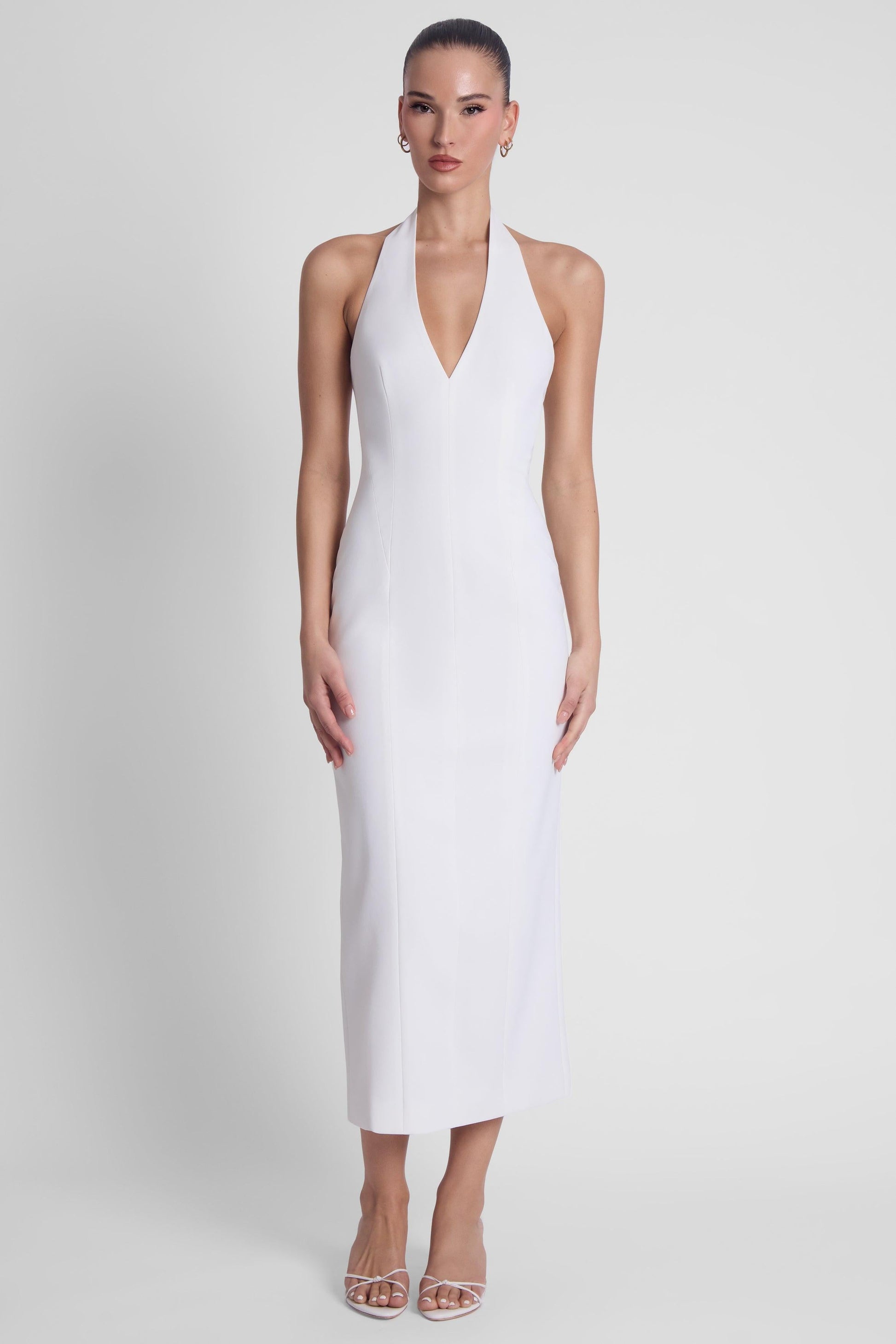 Elegant Collection | White Midi Dress with Halter Neck Design | Flattering Silhouette for Timeless Style 1