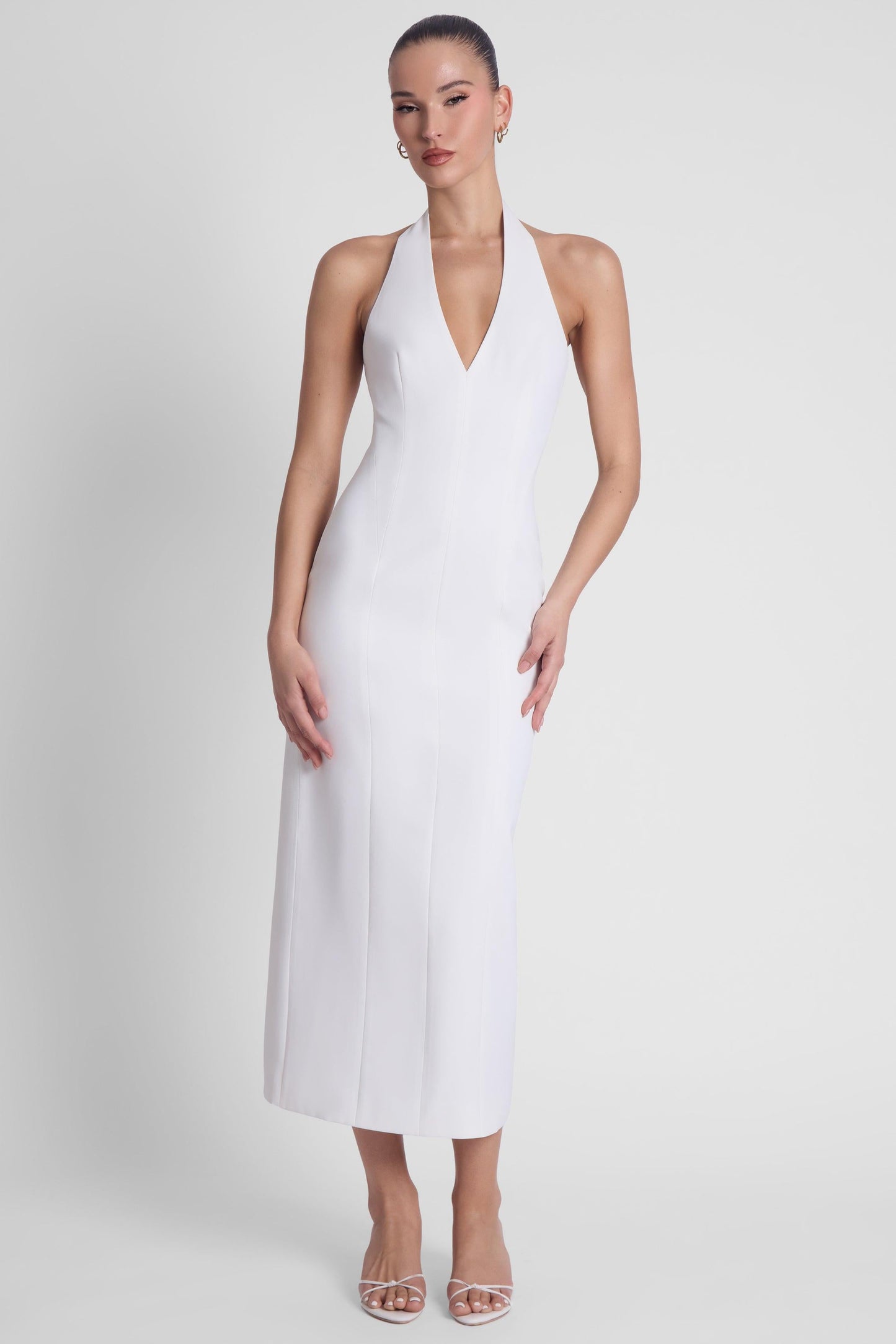 Elegant Collection | White Midi Dress with Halter Neck Design | Flattering Silhouette for Timeless Style 3
