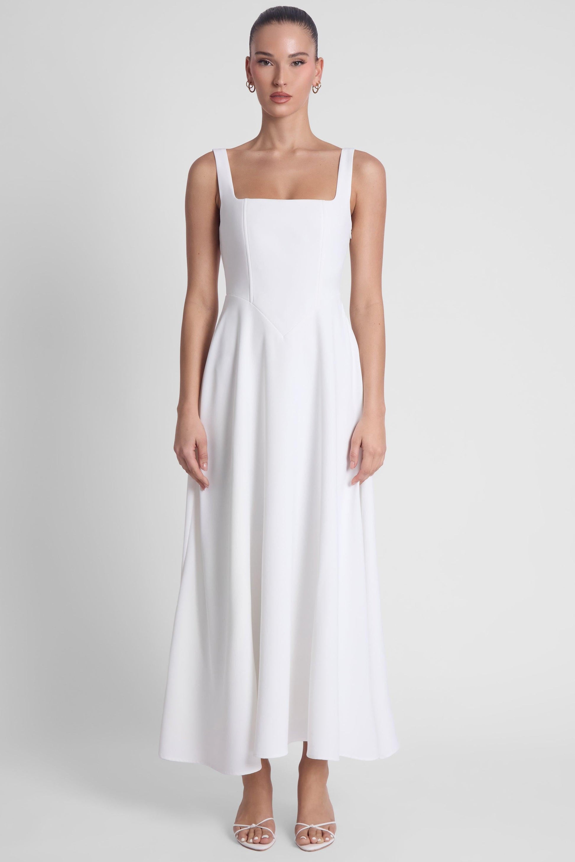 Elegant Collection | White Midi Dress with Square Neckline & Corset Design | Sophisticated Style for Any Occasion 0