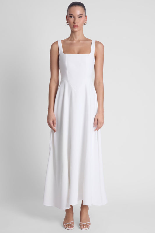 Elegant Collection | White Midi Dress with Square Neckline & Corset Design | Sophisticated Style for Any Occasion 0