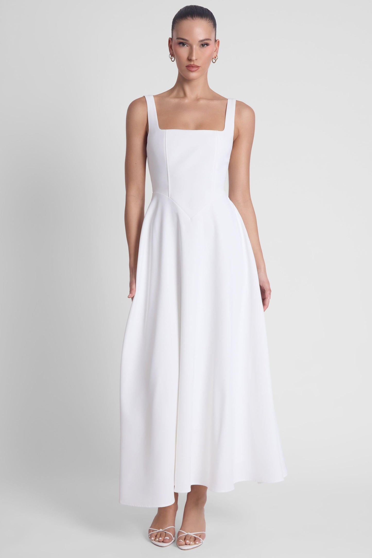 Elegant Collection | White Midi Dress with Square Neckline & Corset Design | Sophisticated Style for Any Occasion 1