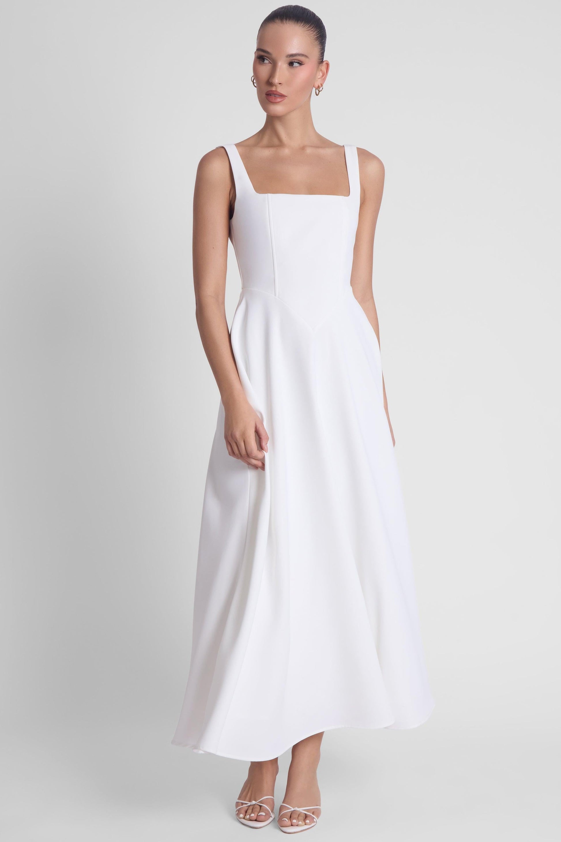 Elegant Collection | White Midi Dress with Square Neckline & Corset Design | Sophisticated Style for Any Occasion 2