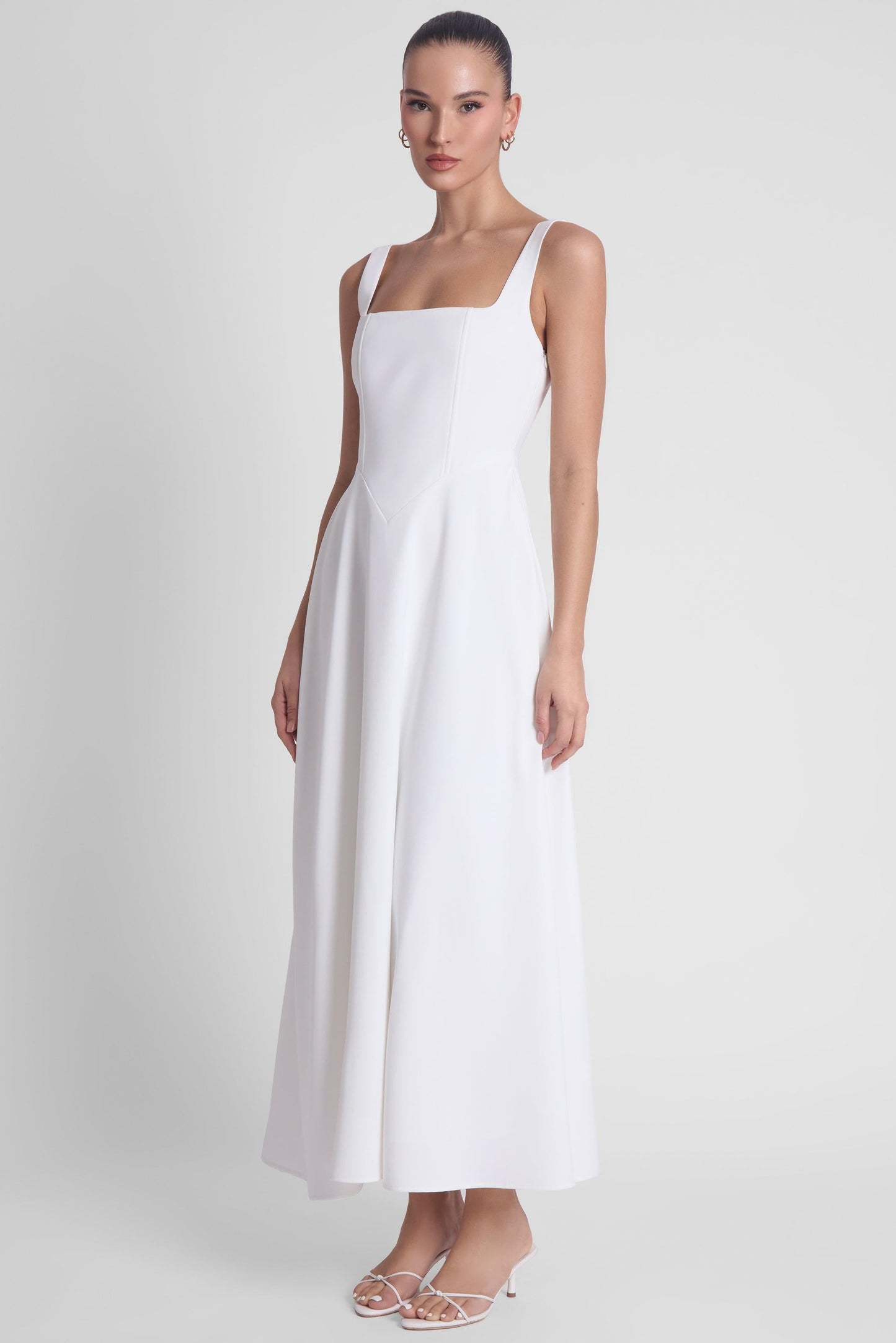 Elegant Collection | White Midi Dress with Square Neckline & Corset Design | Sophisticated Style for Any Occasion 3