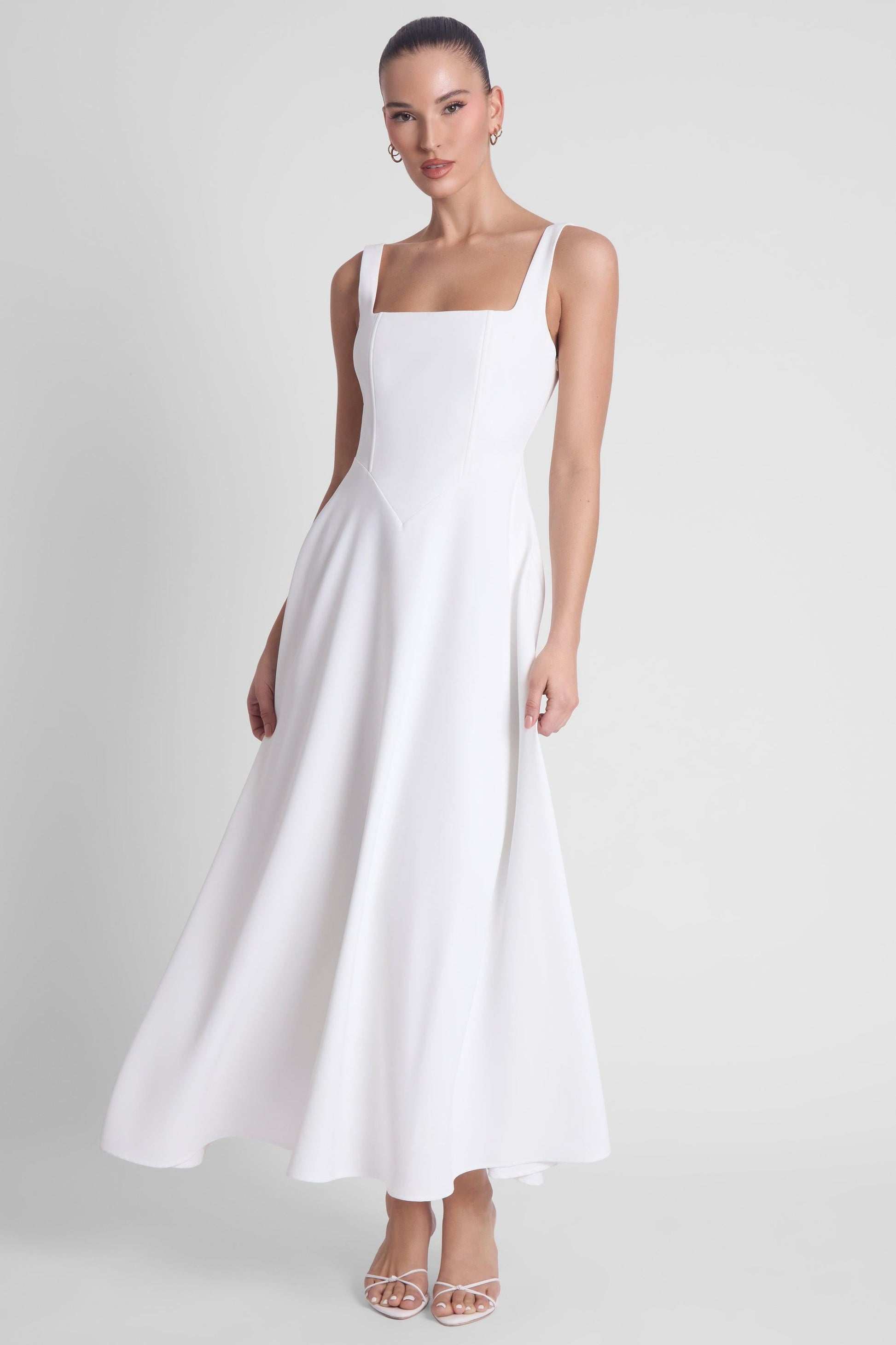 Elegant Collection | White Midi Dress with Square Neckline & Corset Design | Sophisticated Style for Any Occasion 4