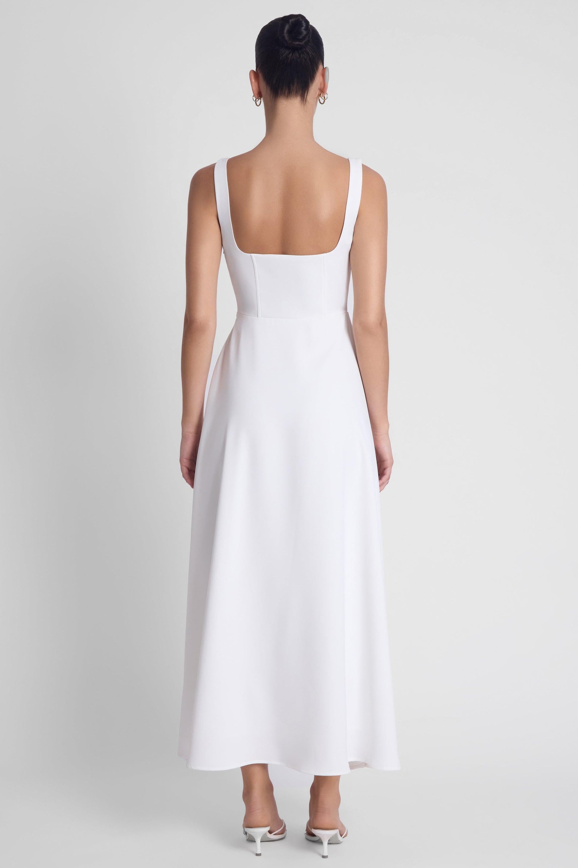 Elegant Collection | White Midi Dress with Square Neckline & Corset Design | Sophisticated Style for Any Occasion 5