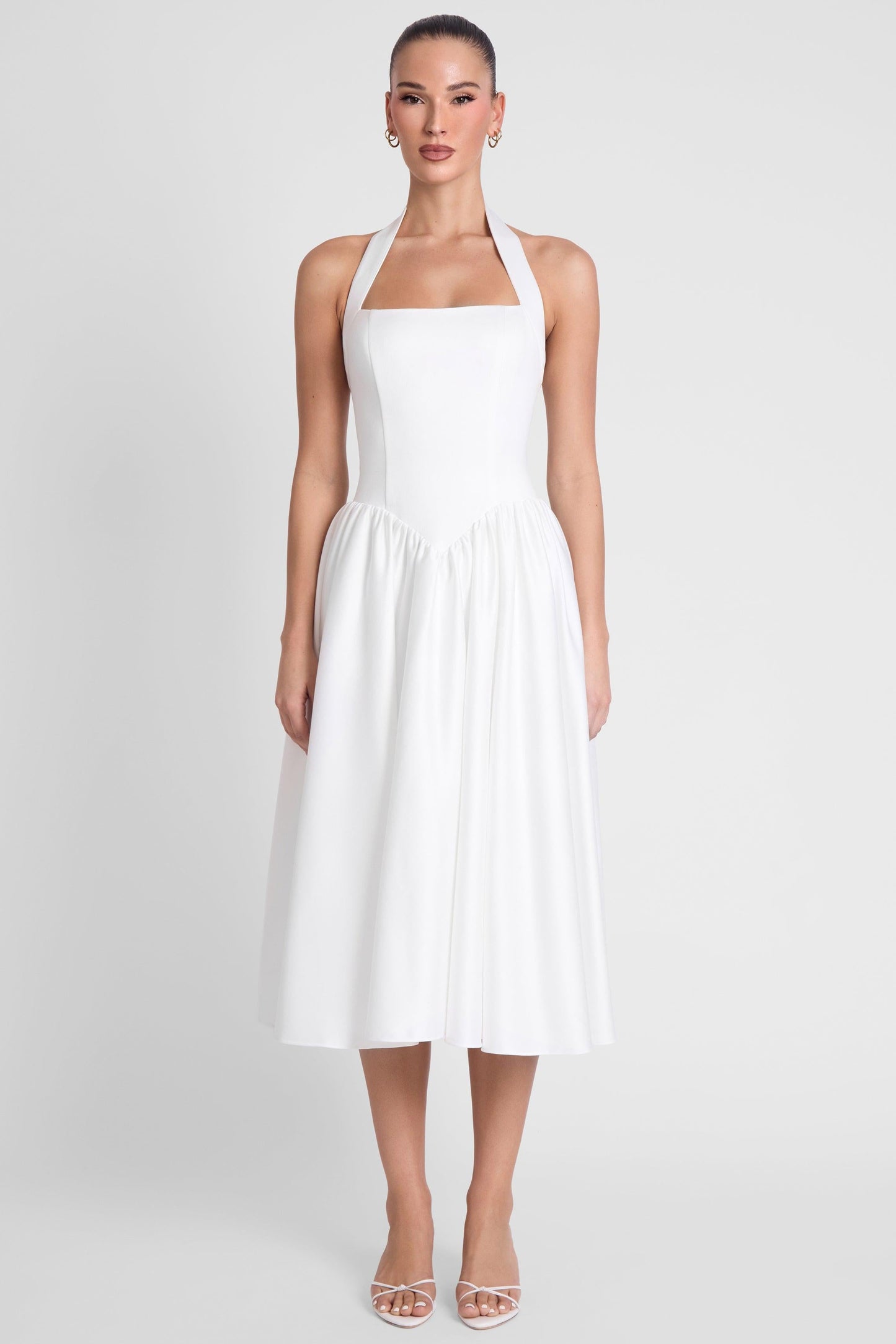 Elegant Collection | White Satin Midi Dress with Halter Neck & Pearl Details | Flattering Fit for Special Occasions 0