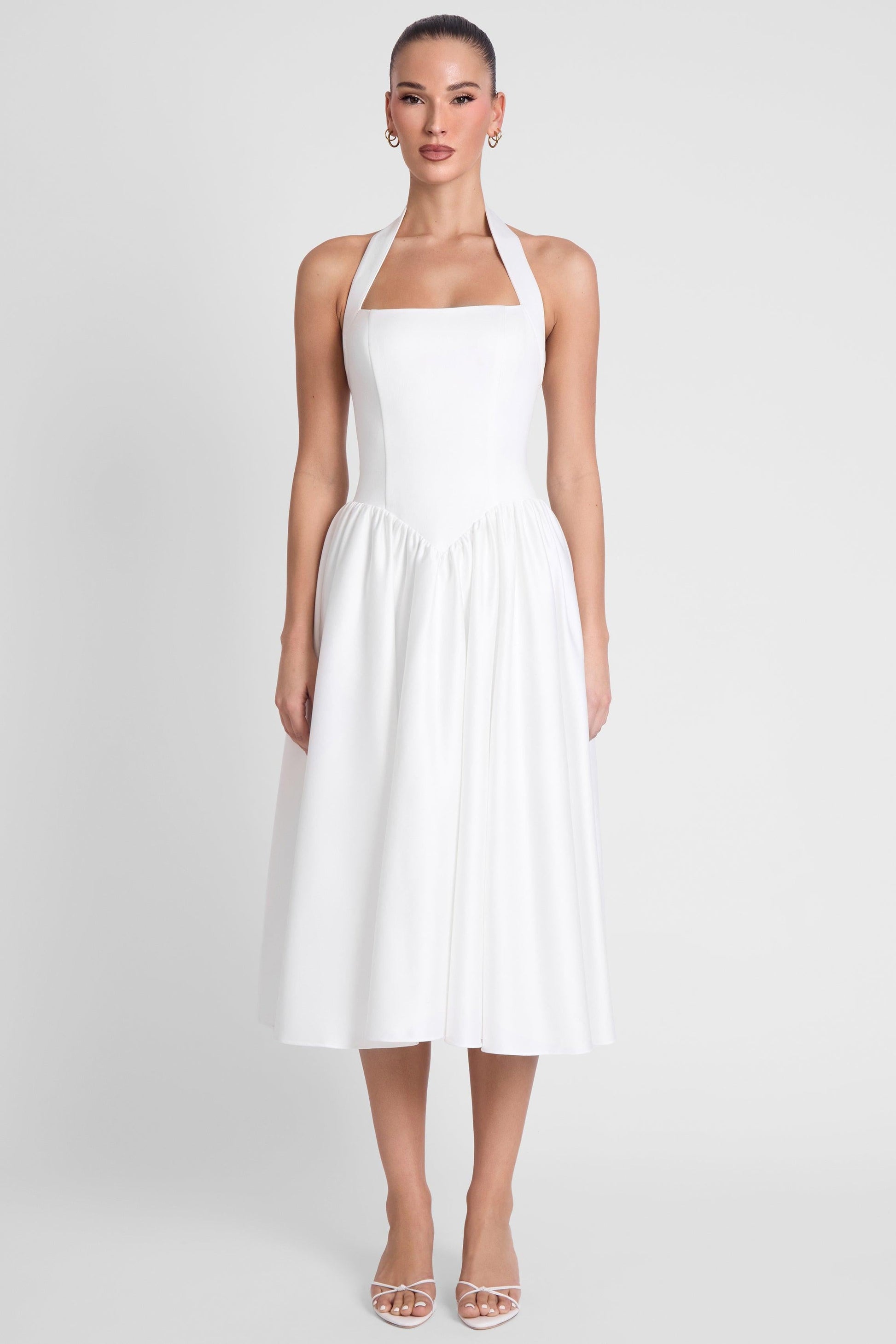 Elegant Collection | White Satin Midi Dress with Halter Neck & Pearl Details | Flattering Fit for Special Occasions 0