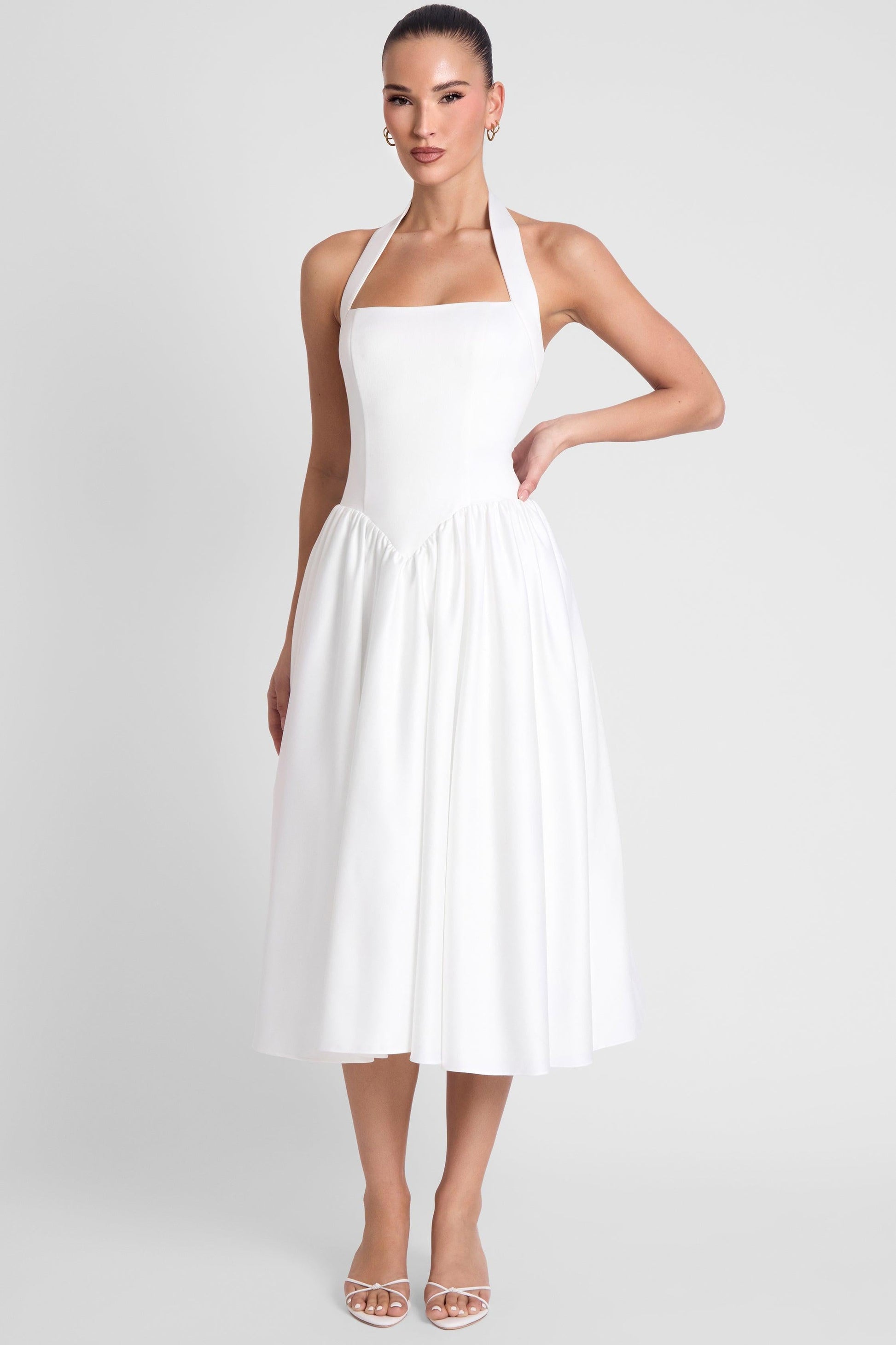 Elegant Collection | White Satin Midi Dress with Halter Neck & Pearl Details | Flattering Fit for Special Occasions 1