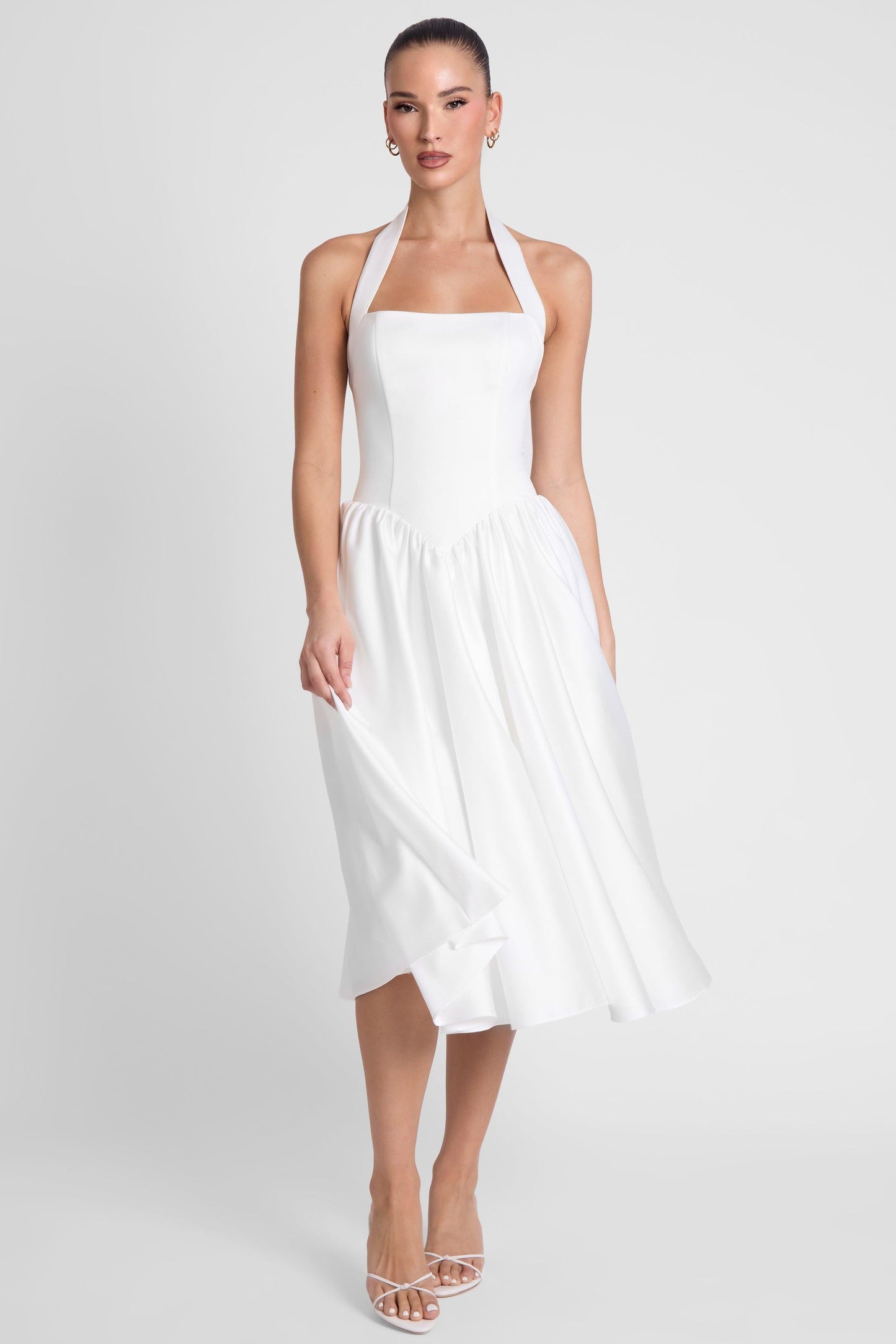 Elegant Collection | White Satin Midi Dress with Halter Neck & Pearl Details | Flattering Fit for Special Occasions 2