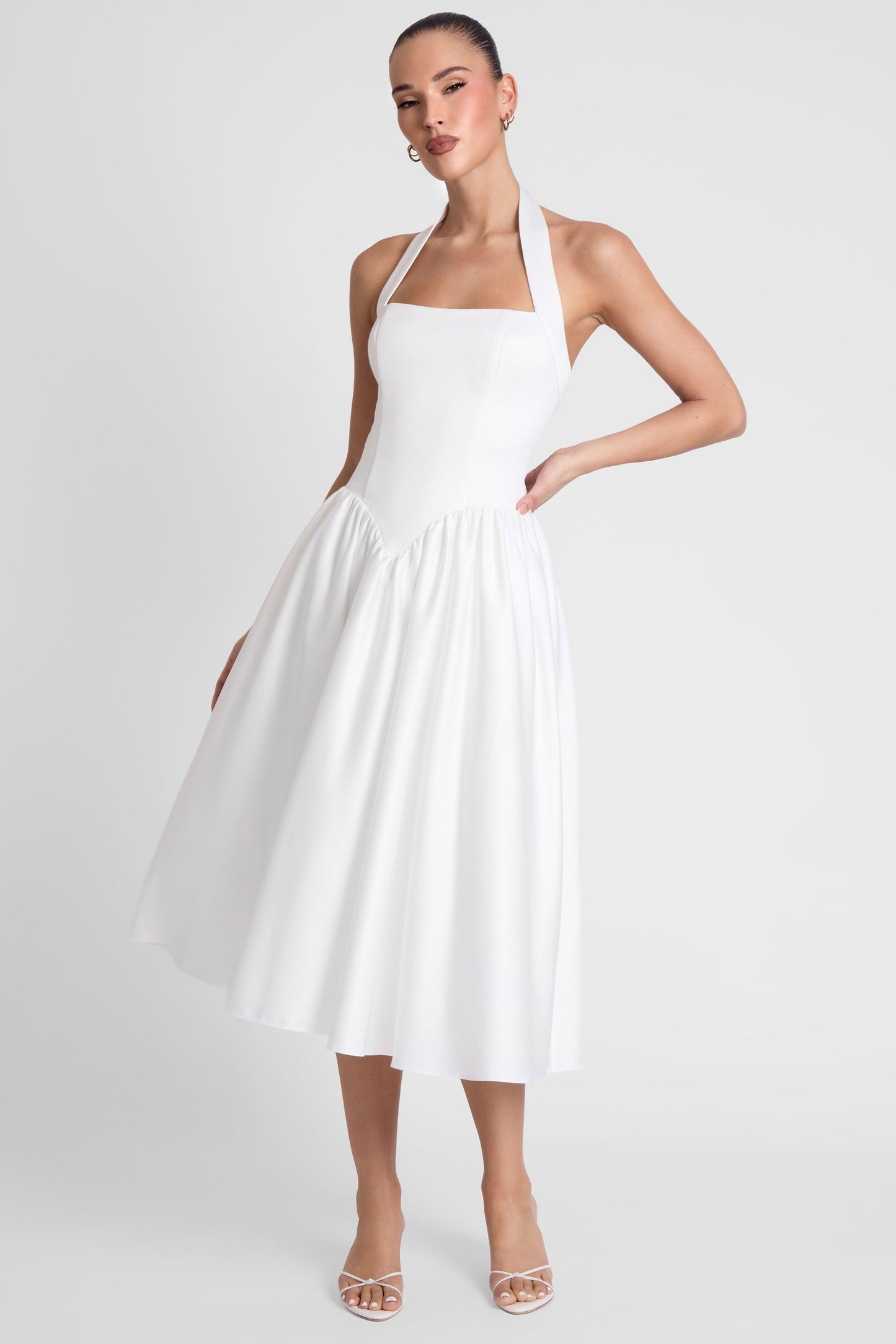 Elegant Collection | White Satin Midi Dress with Halter Neck & Pearl Details | Flattering Fit for Special Occasions 3