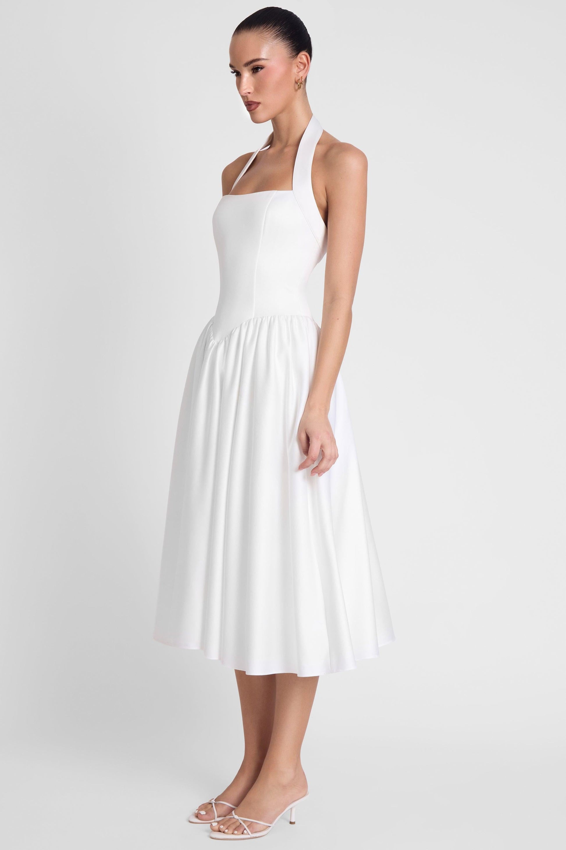 Elegant Collection | White Satin Midi Dress with Halter Neck & Pearl Details | Flattering Fit for Special Occasions 4