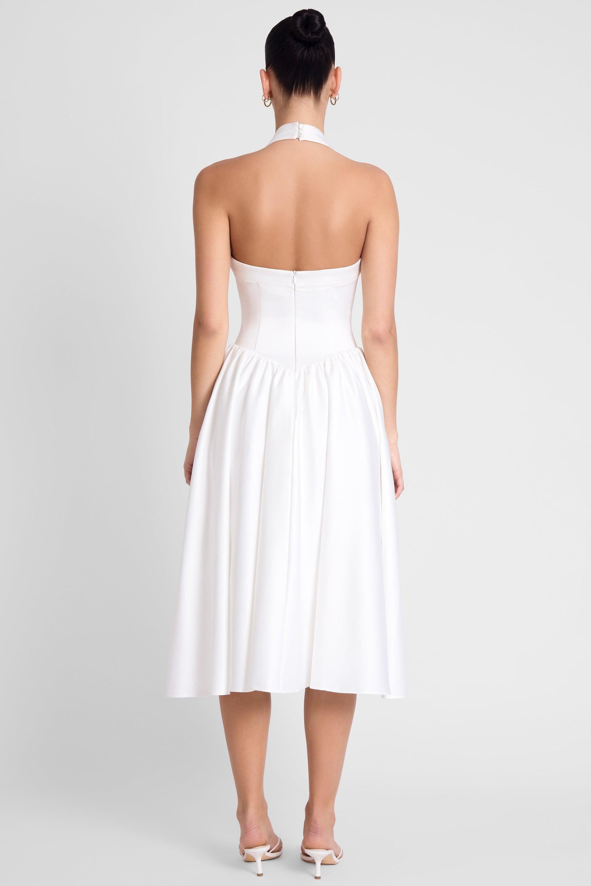 Elegant Collection | White Satin Midi Dress with Halter Neck & Pearl Details | Flattering Fit for Special Occasions 5