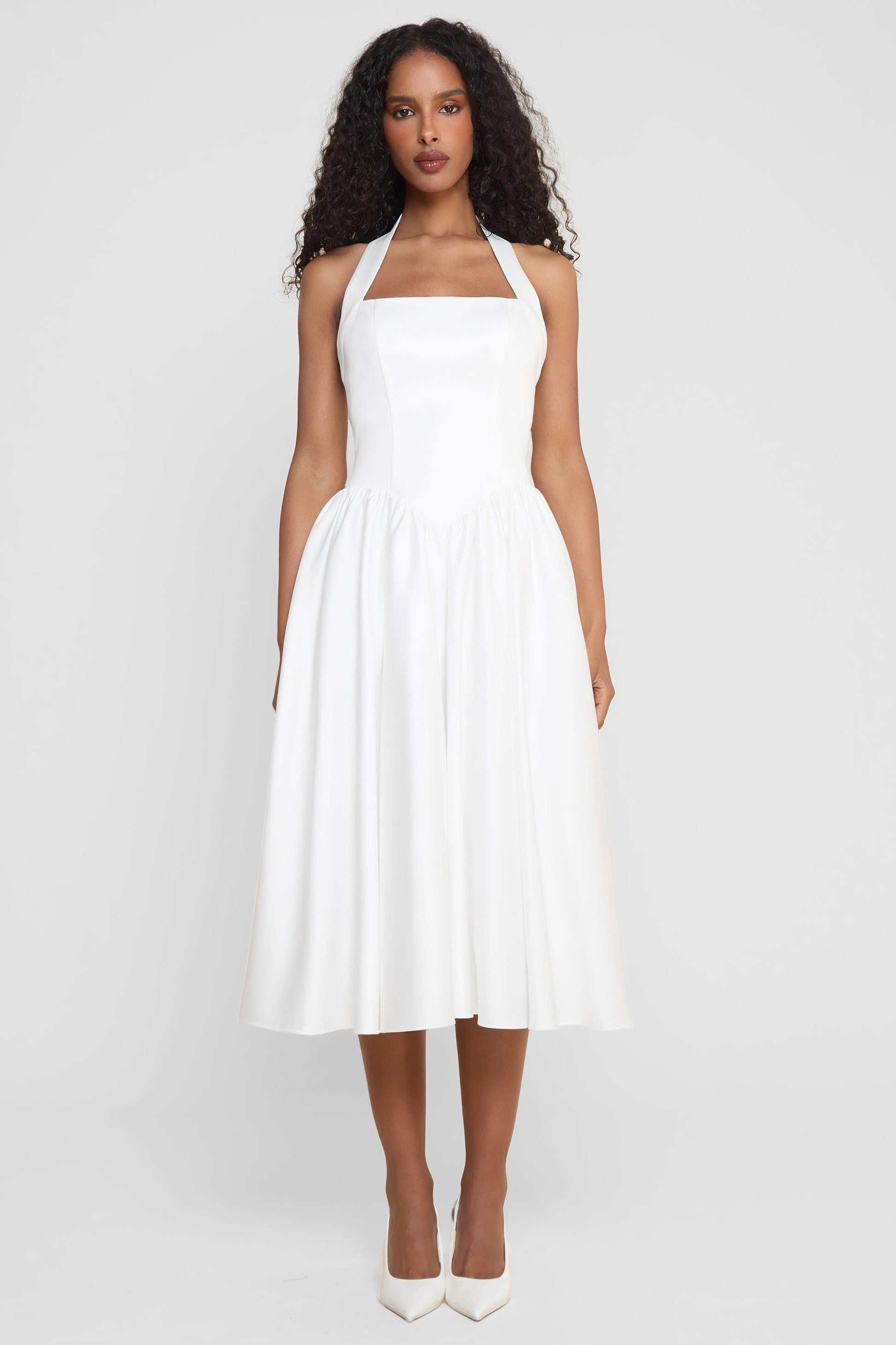 Elegant Collection | White Satin Midi Dress with Halter Neck & Pearl Details | Flattering Fit for Special Occasions 6
