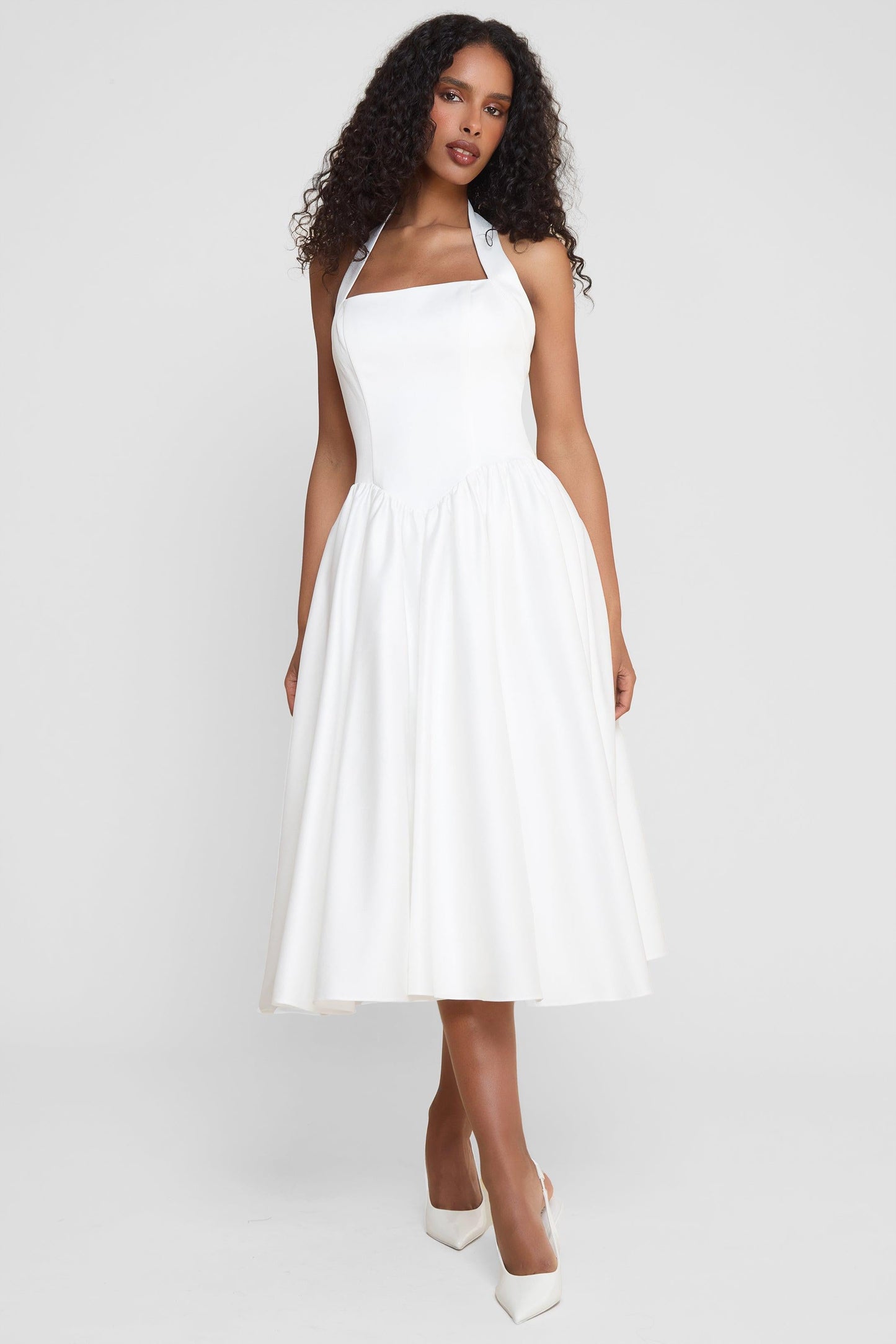Elegant Collection | White Satin Midi Dress with Halter Neck & Pearl Details | Flattering Fit for Special Occasions 7