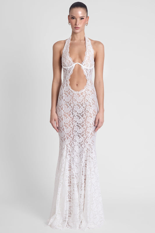 Elegant Lace Maxi Dress | White Maxi Dress with Flared Hemline & Wired Bustier for Stunning Silhouette 0
