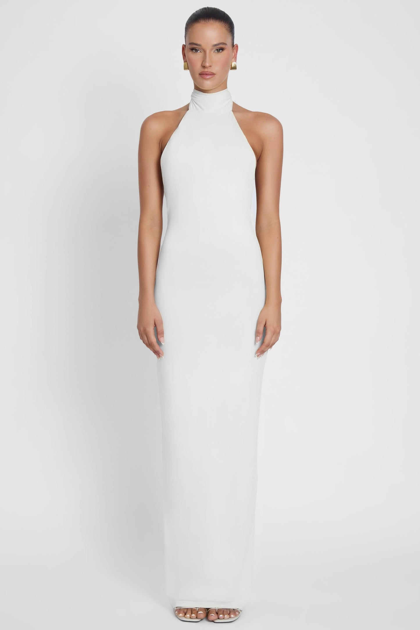 Elegant Maxi Dress Collection | White Maxi Dress with Open Back | Sculpting Stretch Jersey for Effortless Elegance 0