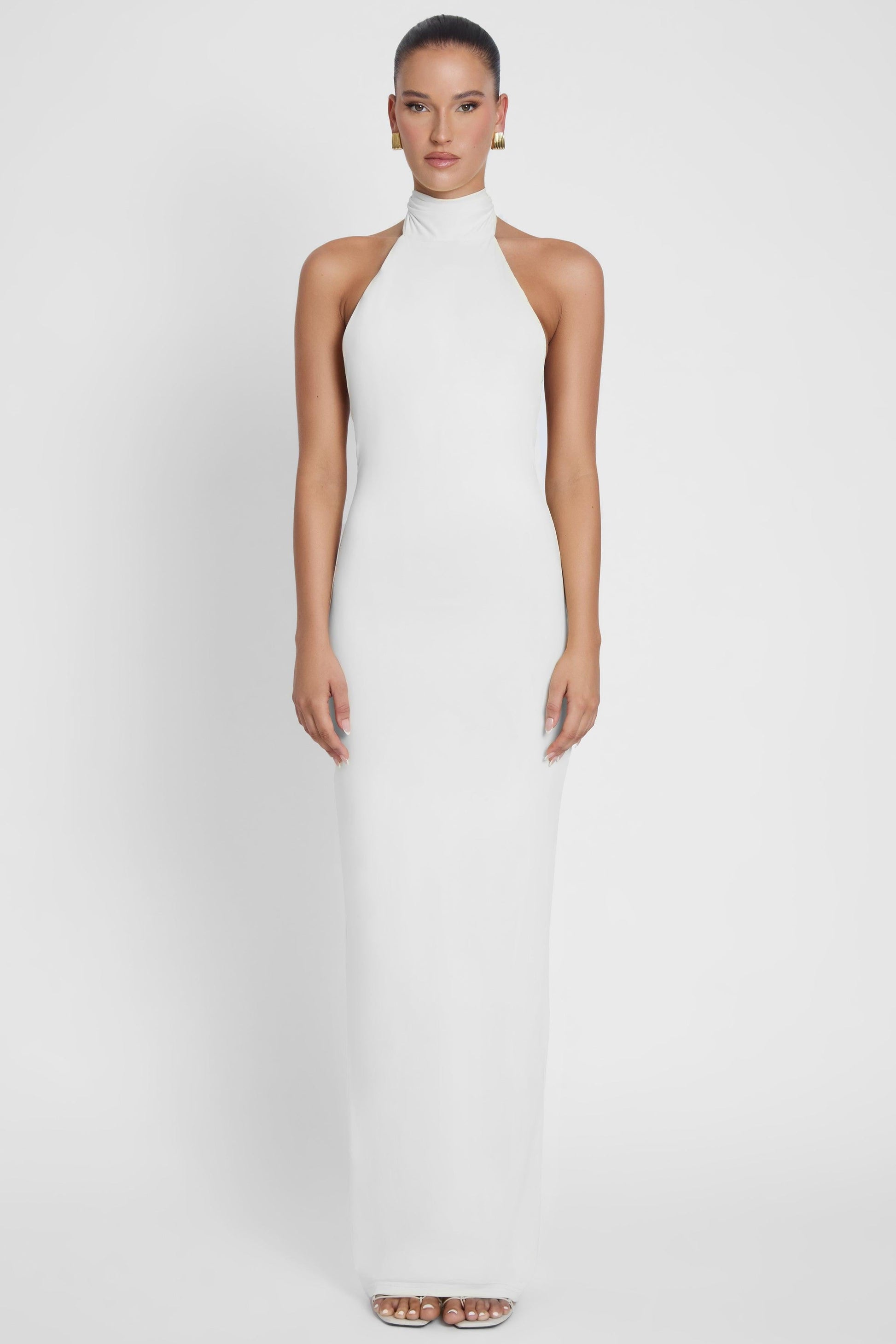 Elegant Maxi Dress Collection | White Maxi Dress with Open Back | Sculpting Stretch Jersey for Effortless Elegance 0
