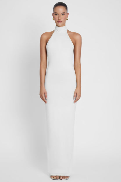 Elegant Maxi Dress Collection | White Maxi Dress with Open Back | Sculpting Stretch Jersey for Effortless Elegance 0