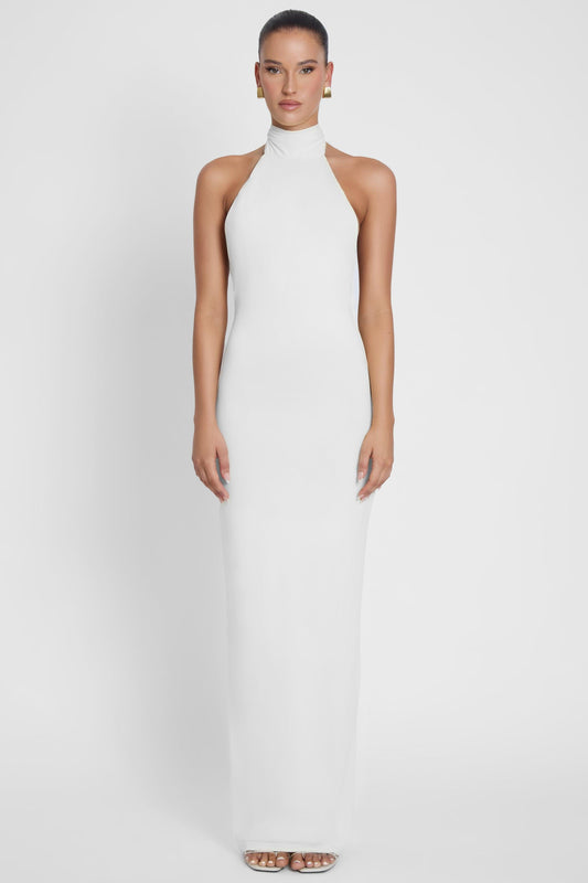 Elegant Maxi Dress Collection | White Maxi Dress with Open Back | Sculpting Stretch Jersey for Effortless Elegance 0