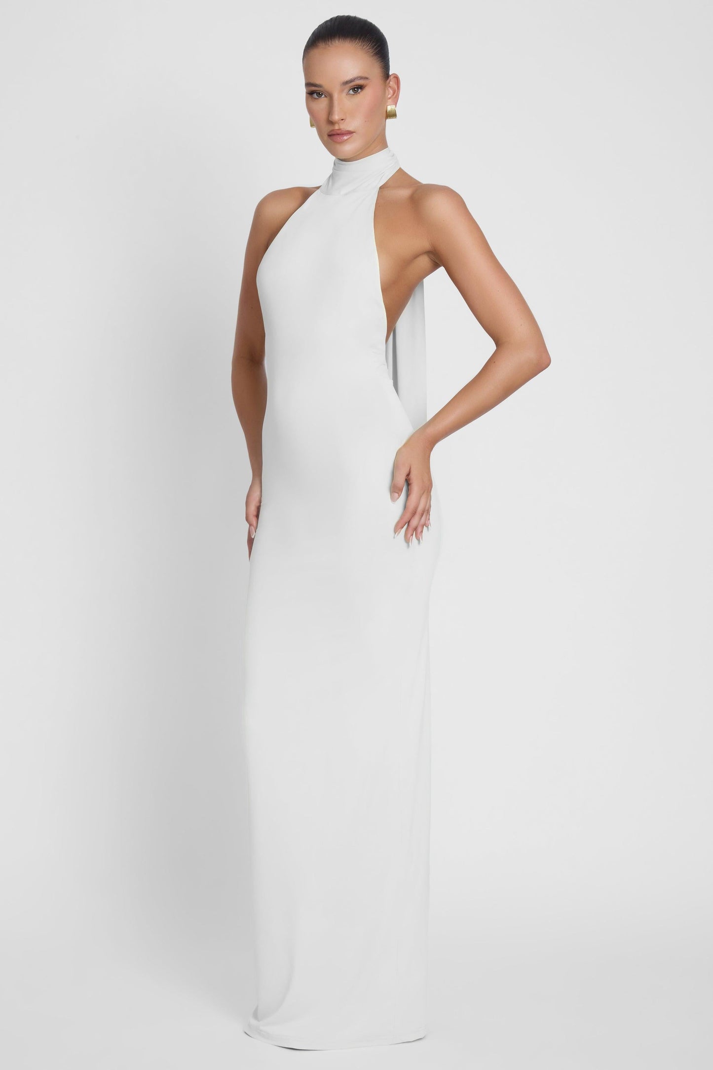 Elegant Maxi Dress Collection | White Maxi Dress with Open Back | Sculpting Stretch Jersey for Effortless Elegance 1