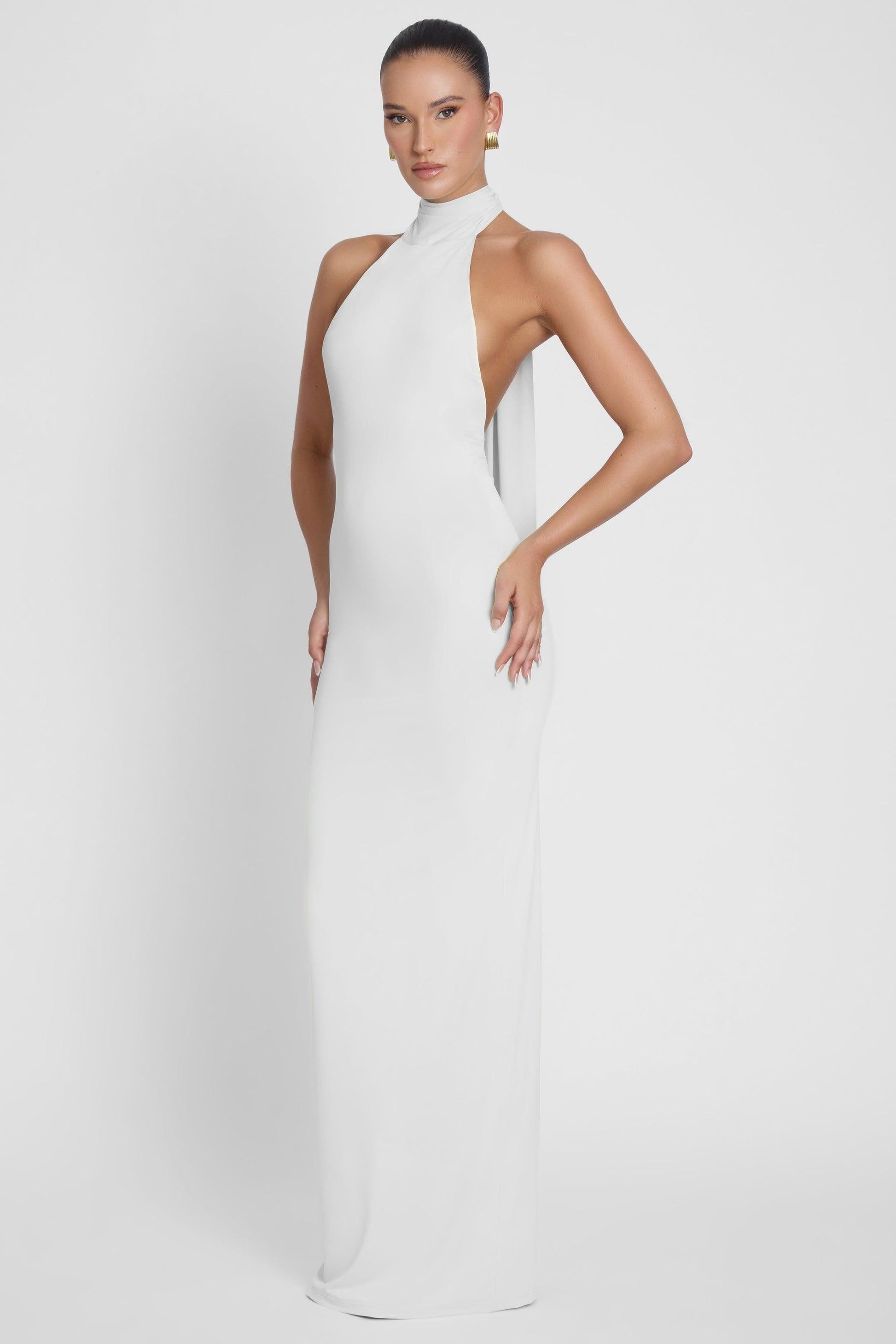 Elegant Maxi Dress Collection | White Maxi Dress with Open Back | Sculpting Stretch Jersey for Effortless Elegance 1