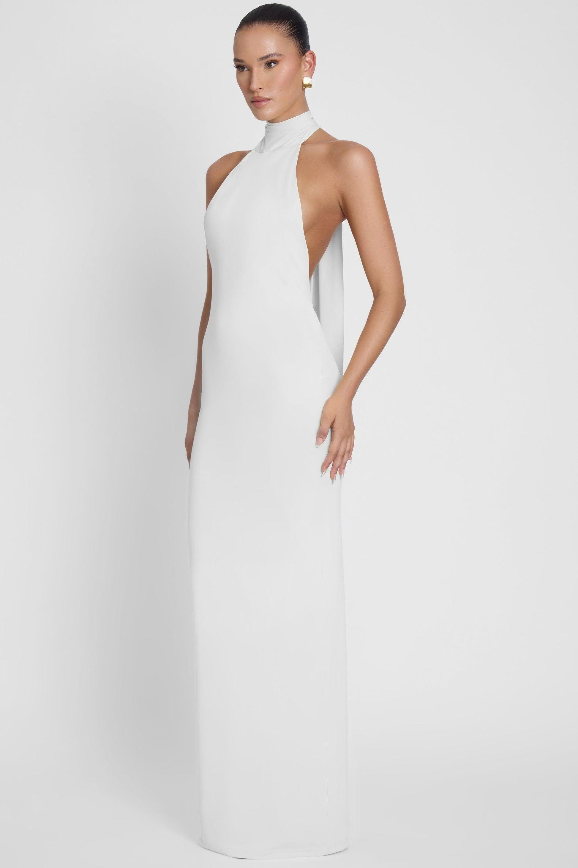 Elegant Maxi Dress Collection | White Maxi Dress with Open Back | Sculpting Stretch Jersey for Effortless Elegance 2