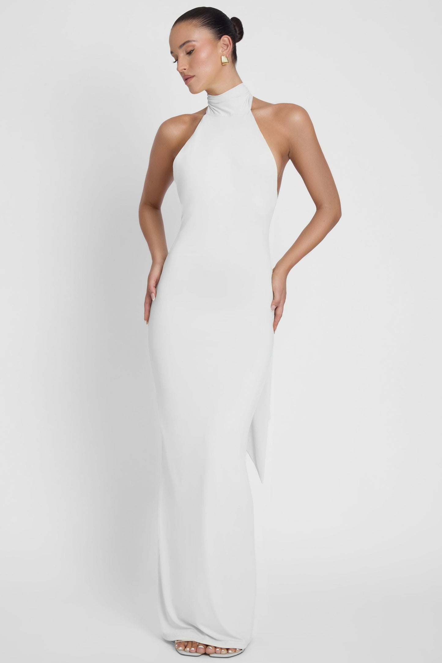 Elegant Maxi Dress Collection | White Maxi Dress with Open Back | Sculpting Stretch Jersey for Effortless Elegance 3