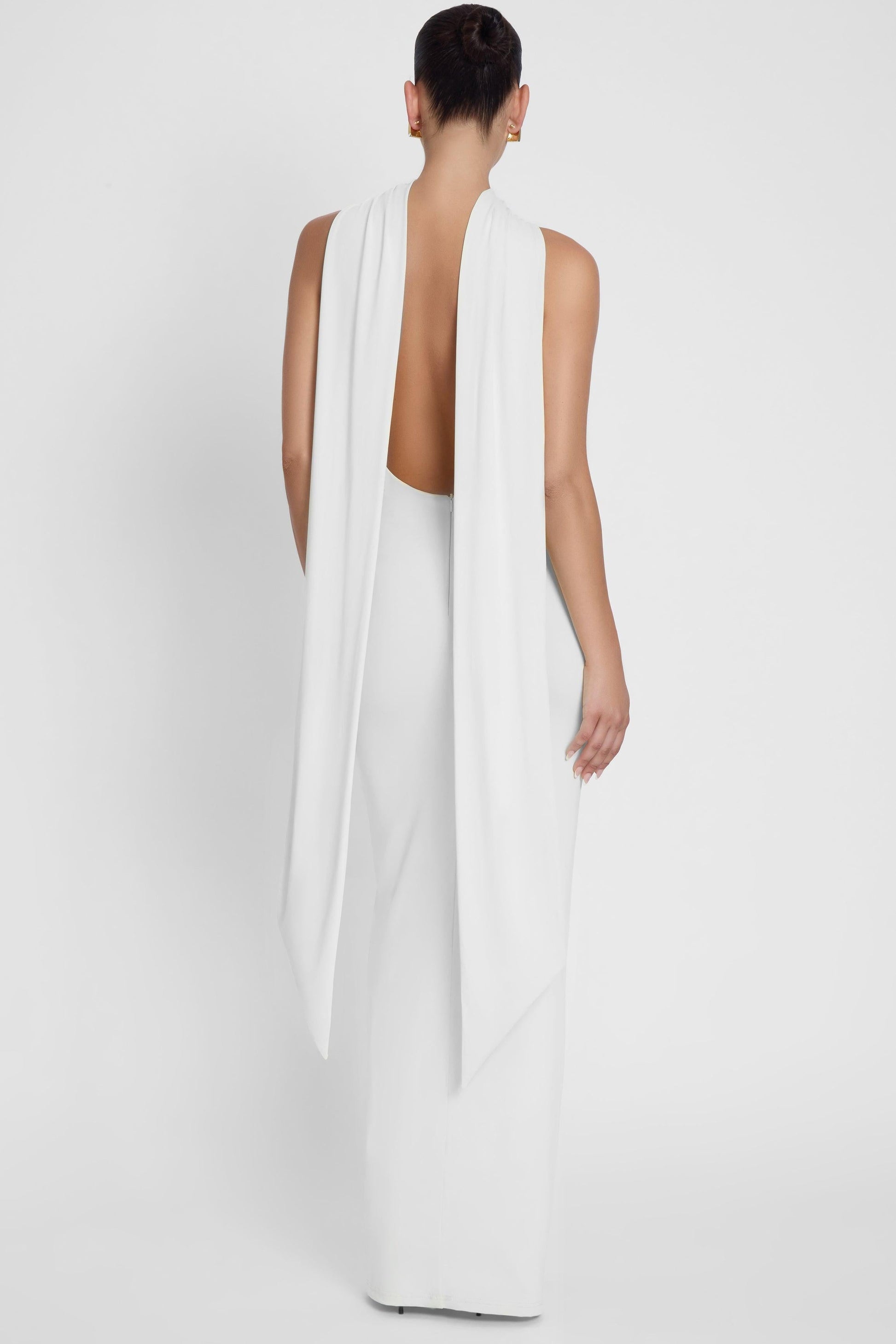 Elegant Maxi Dress Collection | White Maxi Dress with Open Back | Sculpting Stretch Jersey for Effortless Elegance 4