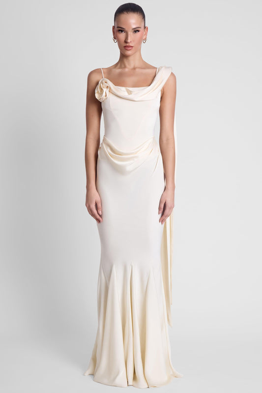 Elegant Satin Gown | Flared Formal Dress with Corset Waist & Draping Detail for Stunning Wedding Guest Style 0