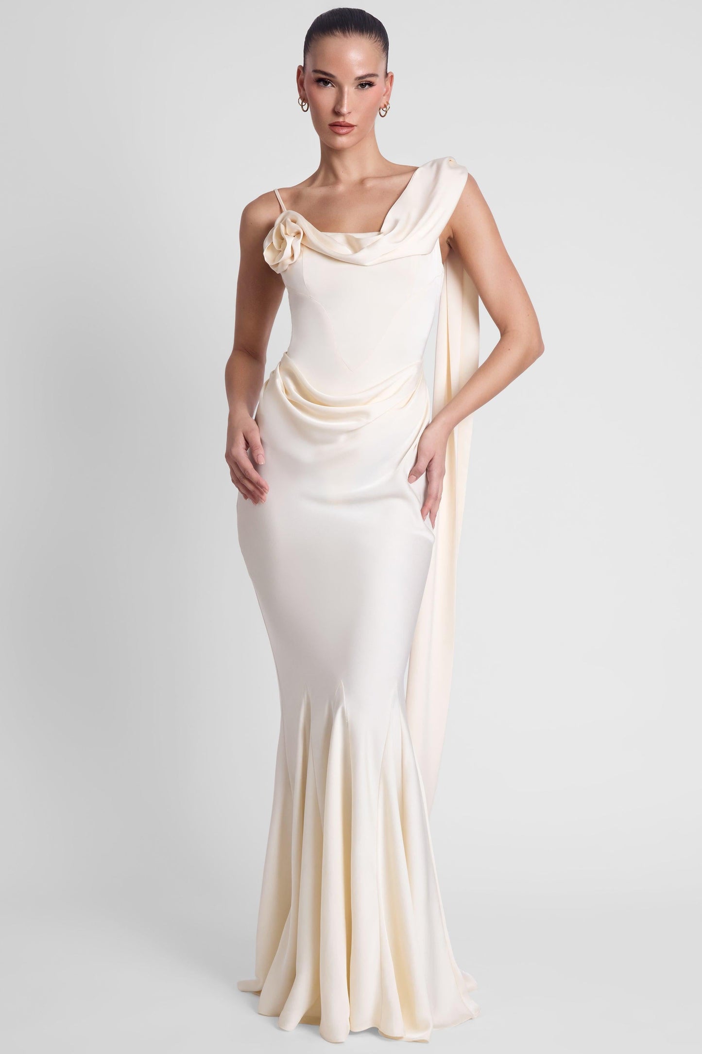 Elegant Satin Gown | Flared Formal Dress with Corset Waist & Draping Detail for Stunning Wedding Guest Style 2