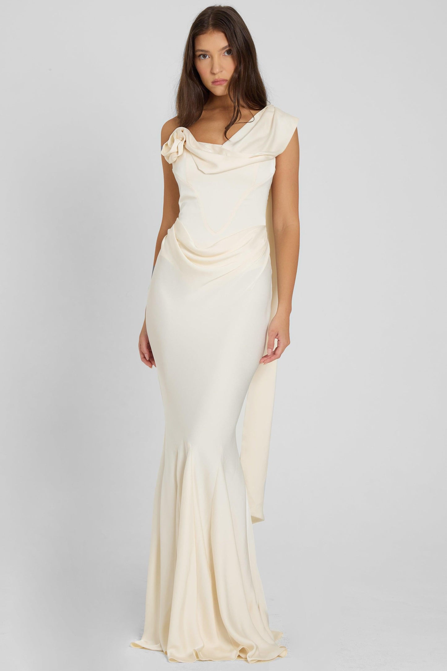 Elegant Satin Gown | Flared Formal Dress with Corset Waist & Draping Detail for Stunning Wedding Guest Style 7
