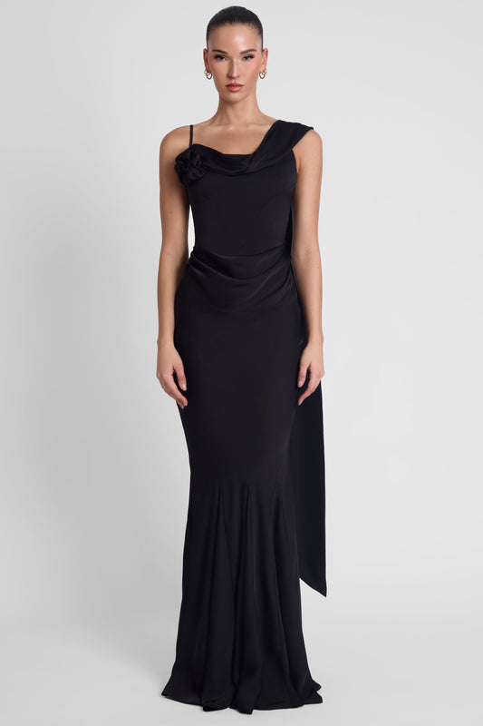 Elegant Satin Gown | Wedding Guest Dress with Corset Waist & Draping Detail for Stunning Silhouette 0