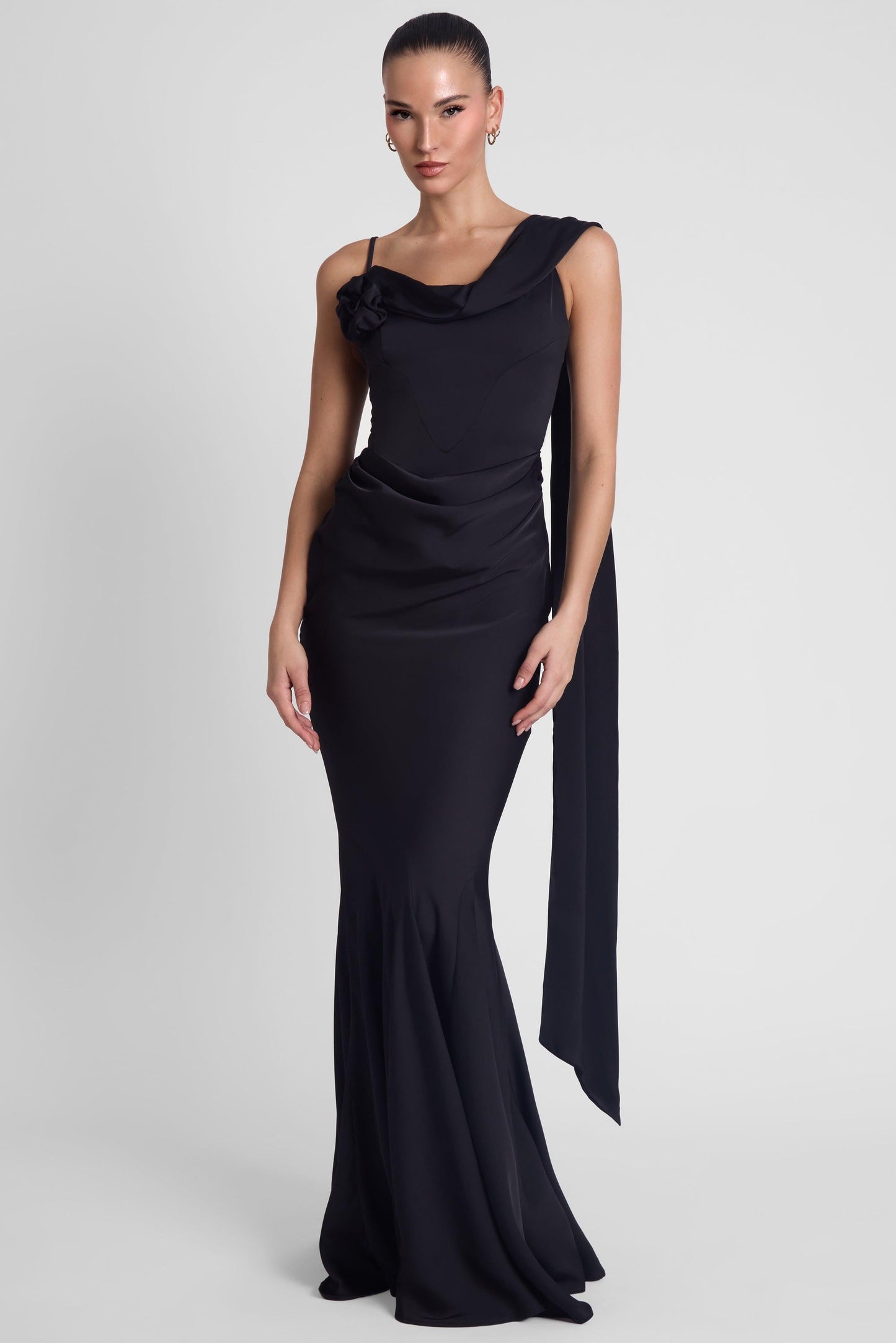 Elegant Satin Gown | Wedding Guest Dress with Corset Waist & Draping Detail for Stunning Silhouette 1