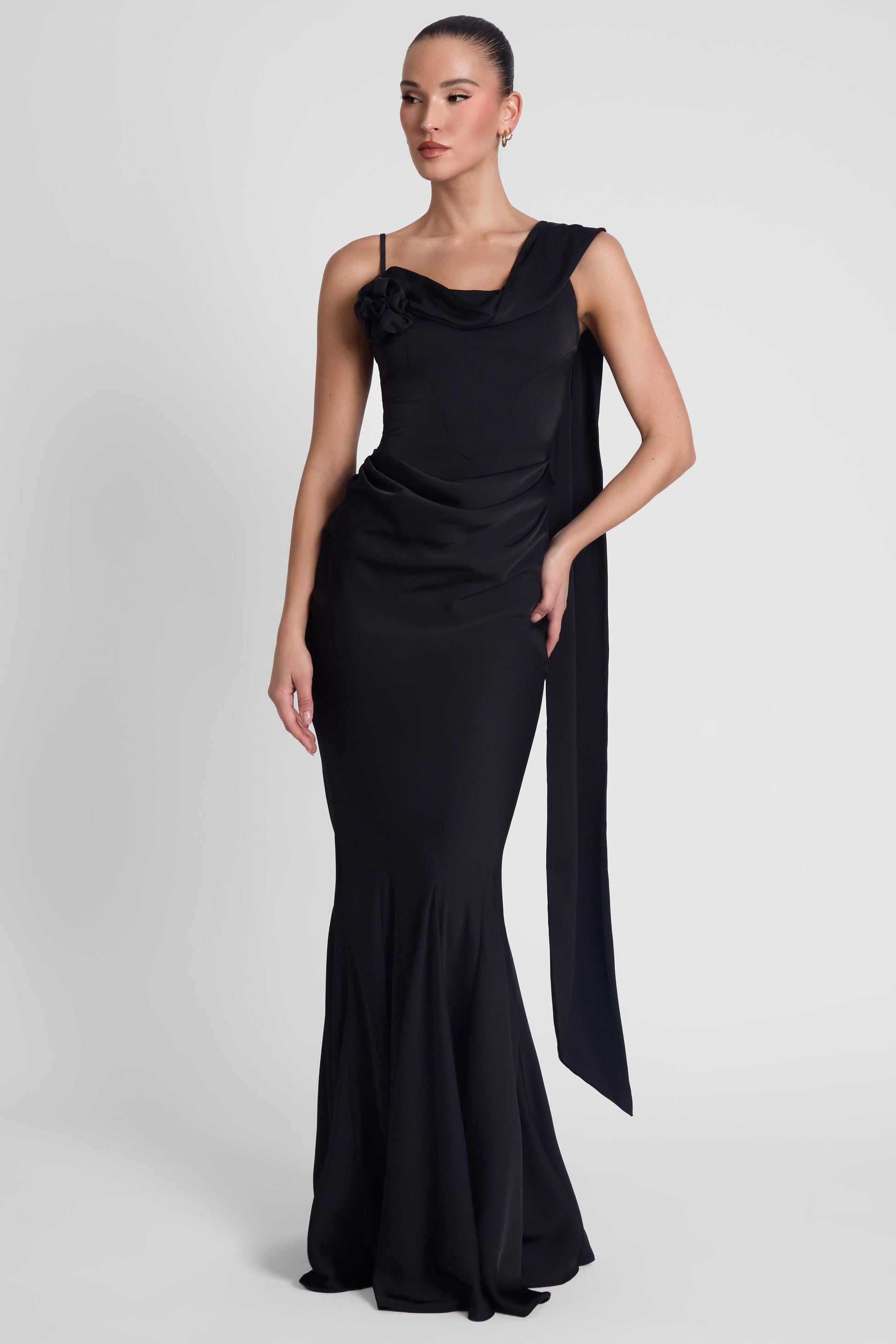 Elegant Satin Gown | Wedding Guest Dress with Corset Waist & Draping Detail for Stunning Silhouette 2
