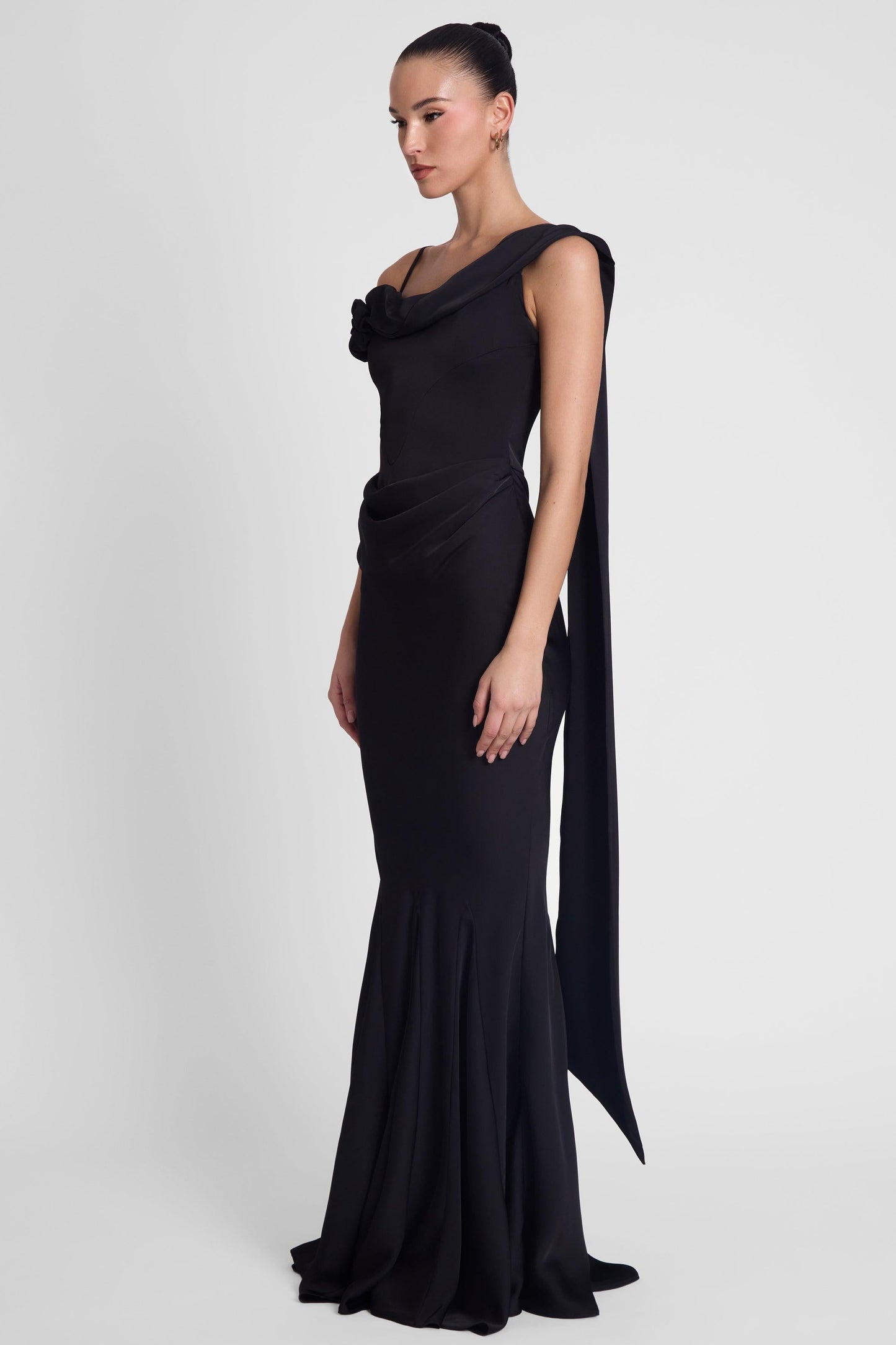 Elegant Satin Gown | Wedding Guest Dress with Corset Waist & Draping Detail for Stunning Silhouette 3