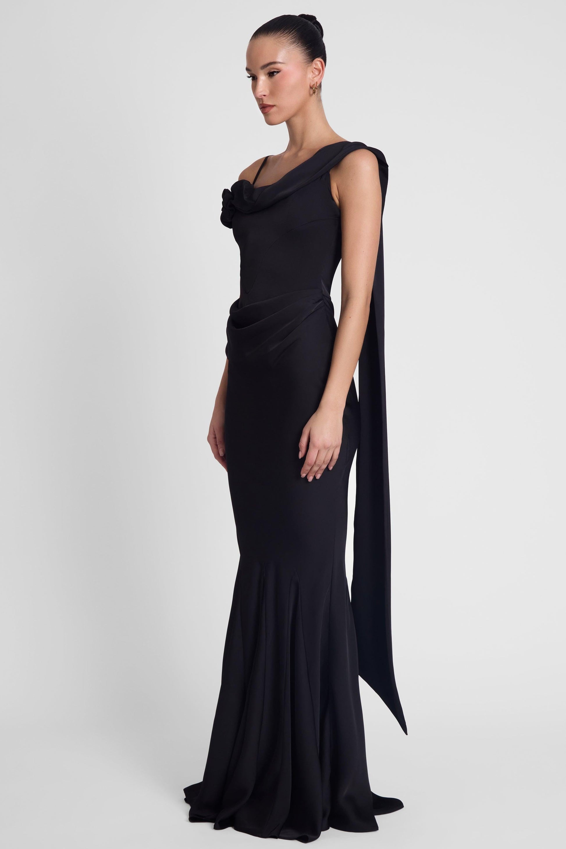 Elegant Satin Gown | Wedding Guest Dress with Corset Waist & Draping Detail for Stunning Silhouette 3